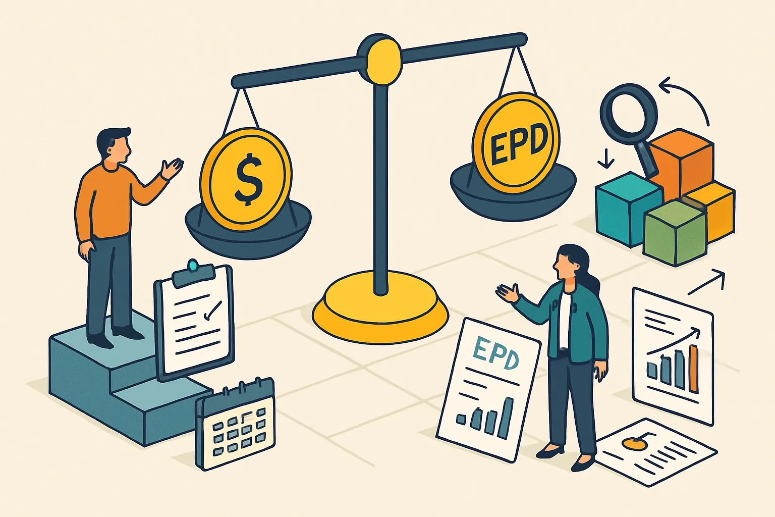 Generate an illustration for an article following this concept:

EPD retainer vs pay per EPD
Year one is launch. Years two to five are maintenance. New variants, plant shifts, mix tweaks, and customer‑requested comparisons keep coming. The real question is less “what’s the unit price of an EPD” and more “what model keeps our portfolio current without slowing sales.” Here’s how to choose between paying per change or setting an annual retainer that covers the right classes of updates and analysis.

Ensure that you use no text, as this illustration will be used on international translations of the article..

Use an illustrative style (e.g. isometic) and don't generate in a photorealistic style.