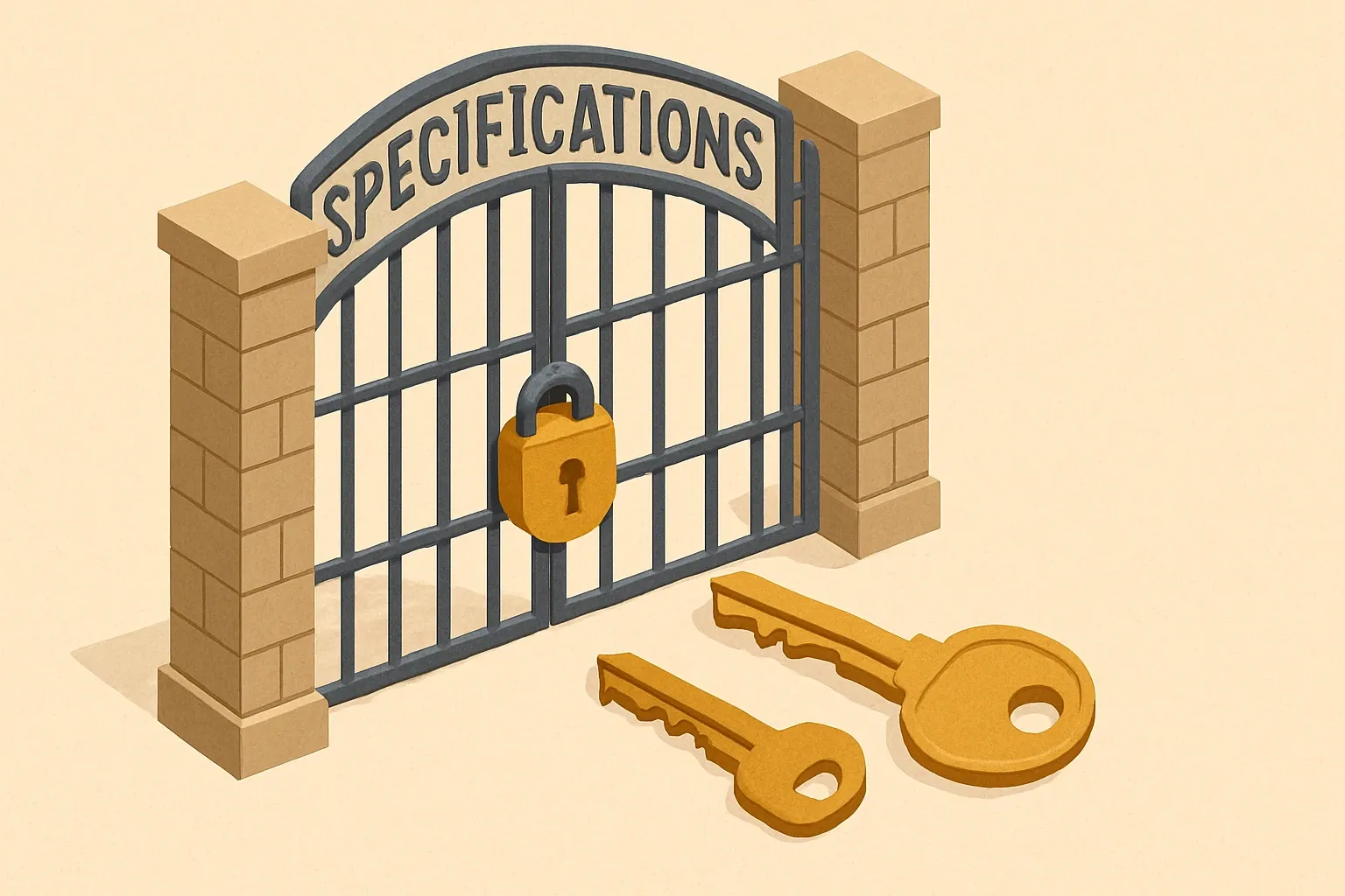 A building entry gate labeled Specifications with two keys approaching it. One key is tagged Product‑Specific EPD and fits the lock cleanly. The other key marked Industry‑Wide EPD fits but shows a smaller key head, suggesting lower valuation.