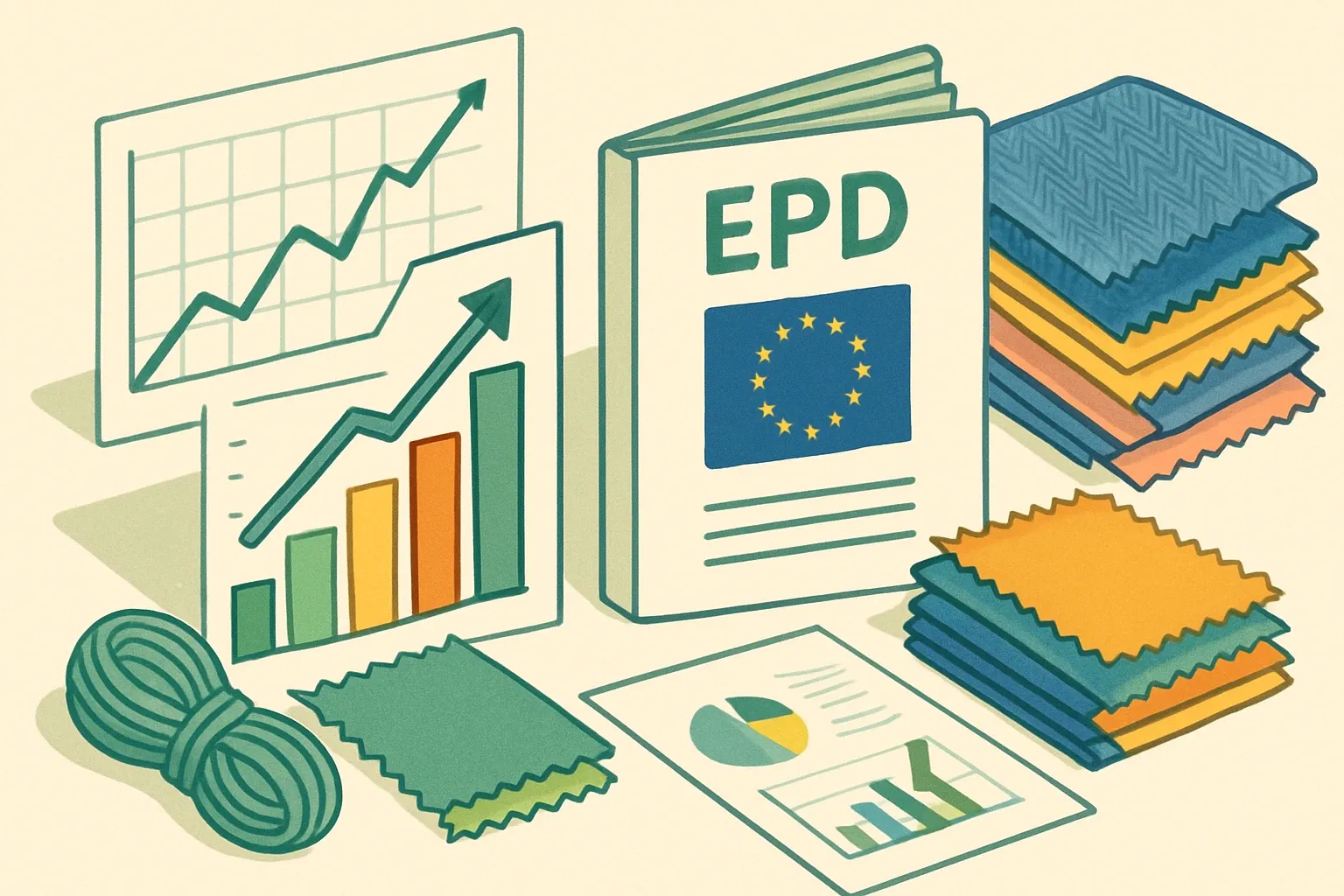 Generate an illustration for an article following this concept:

EPDs for Textiles in Europe: The data guide
Planning a textile EPD in 2026? Here is the definitive, data‑based snapshot of Europe’s fabrics, yarns, denim and technical textiles EPD landscape as of January 19, 2026, so you can benchmark competitors, pick the right PCR, and time renewals with confidence.

Ensure that you use no text, as this illustration will be used on international translations of the article..

Use an illustrative style (e.g. isometic) and don't generate in a photorealistic style.