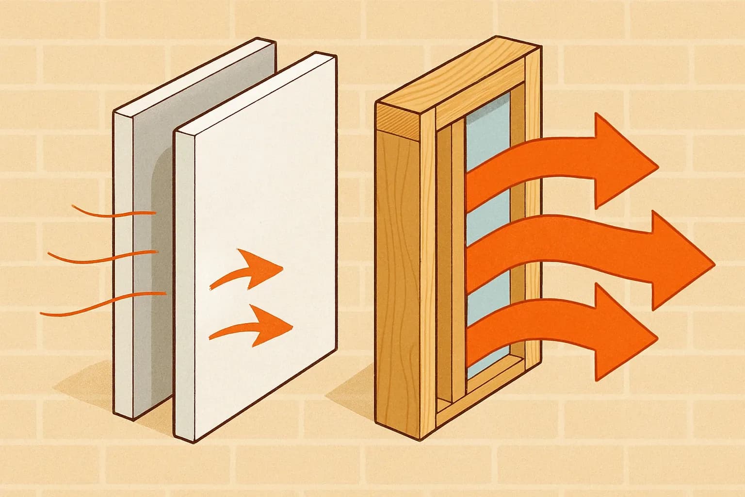 Heat-flow diagram comparing thin arrows escaping an ICF wall versus thick arrows through a wood frame wall