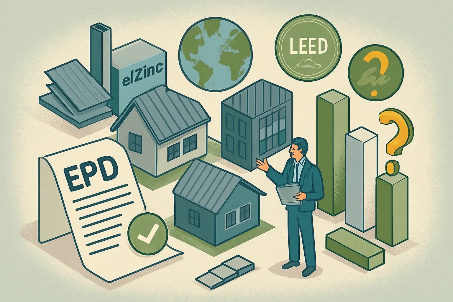 Generate an illustration for an article following this concept:

elZinc: products and EPD coverage at a glance
Titanium‑zinc is a spec darling for roofs and façades, and elZinc is one of the names design teams know. The open question in late 2025 is simple. Which of their product lines are backed by current, third‑party EPDs and where are the gaps that could cost specs on projects targeting LEED v5 and enterprise sustainability policies?

Ensure that you use no text, as this illustration will be used on international translations of the article..

Use an illustrative style (e.g. isometic) and don't generate in a photorealistic style.