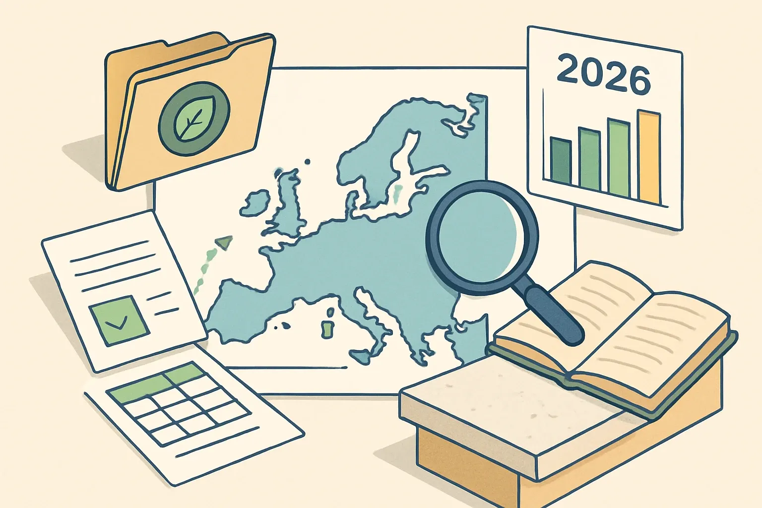 Generate an illustration for an article following this concept:

EPDs for Countertops in Europe: The Data Guide
Planning a countertop, worktop, or benchtop EPD in 2026? Here is the clearest picture of who is publishing, which rules are used, and when renewals hit so you can move fast and avoid wrong turns.

Ensure that you use no text, as this illustration will be used on international translations of the article..

Use an illustrative style (e.g. isometic) and don't generate in a photorealistic style.