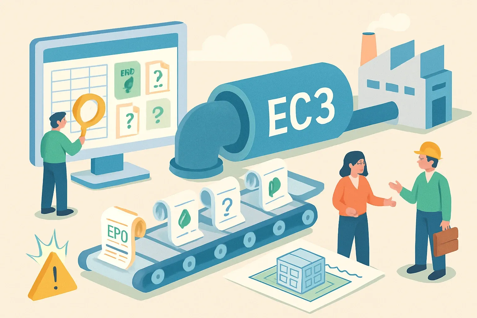 Generate an illustration for an article following this concept:

EC3 Isn’t The Whole EPD Picture Anymore
Many project teams still start in EC3 to find EPDs. The catch is that EC3 depends on who opts in to share data and how often those pipes are refreshed, so coverage can lag what is actually published today. That gap creates submittal friction, slows bids, and leaves good products out of specs. Here is how the feed really works and what manufacturers can do so their latest declarations are always easy to find.

Ensure that you use no text, as this illustration will be used on international translations of the article..

Use an illustrative style (e.g. isometic) and don't generate in a photorealistic style.