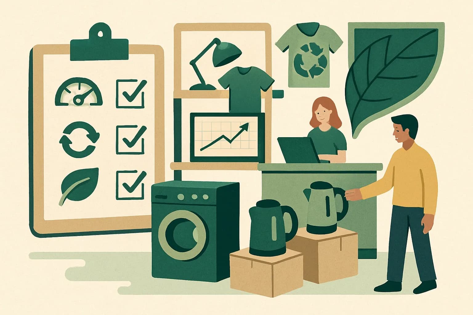 Generate an illustration for an article following this concept:

Ecodesign that sells: ESPR-ready products
Ecodesign used to be a back‑of‑the‑lab exercise. With the EU’s Ecodesign for Sustainable Products Regulation now in force, it becomes a commercial system for how products are designed, documented, and bought. If a product can’t prove durability, circularity, and low impact with clean data, it risks being sidelined in specs and tenders.

Ensure that you use no text, as this illustration will be used on international translations of the article..

Use an illustrative style (e.g. isometic) and don't generate in a photorealistic style.