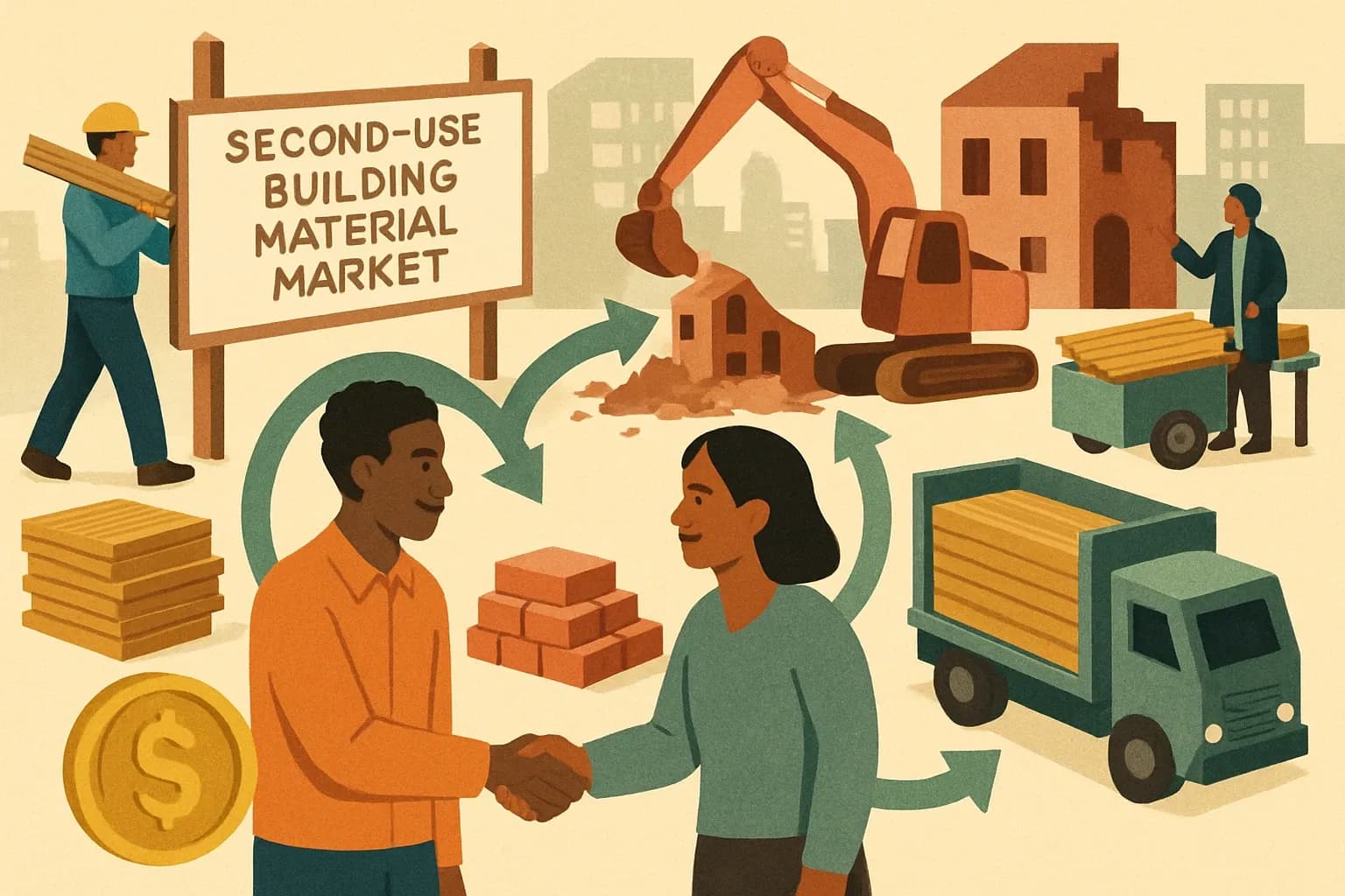 Generate an illustration for an article following this concept:

Secondary Building‑Material Markets, Primary Equity
Circularity is not only about cutting waste or carbon. It is about who captures the dollars when materials move. Secondary markets for building products are often hyper‑local, which means manufacturers can design for reuse and recovery that seed neighborhood businesses, especially BIPOC entrepreneurs, while winning specification preference with practical, documented end‑of‑life pathways.

Ensure that you use no text, as this illustration will be used on international translations of the article..

Use an illustrative style (e.g. isometic) and don't generate in a photorealistic style.