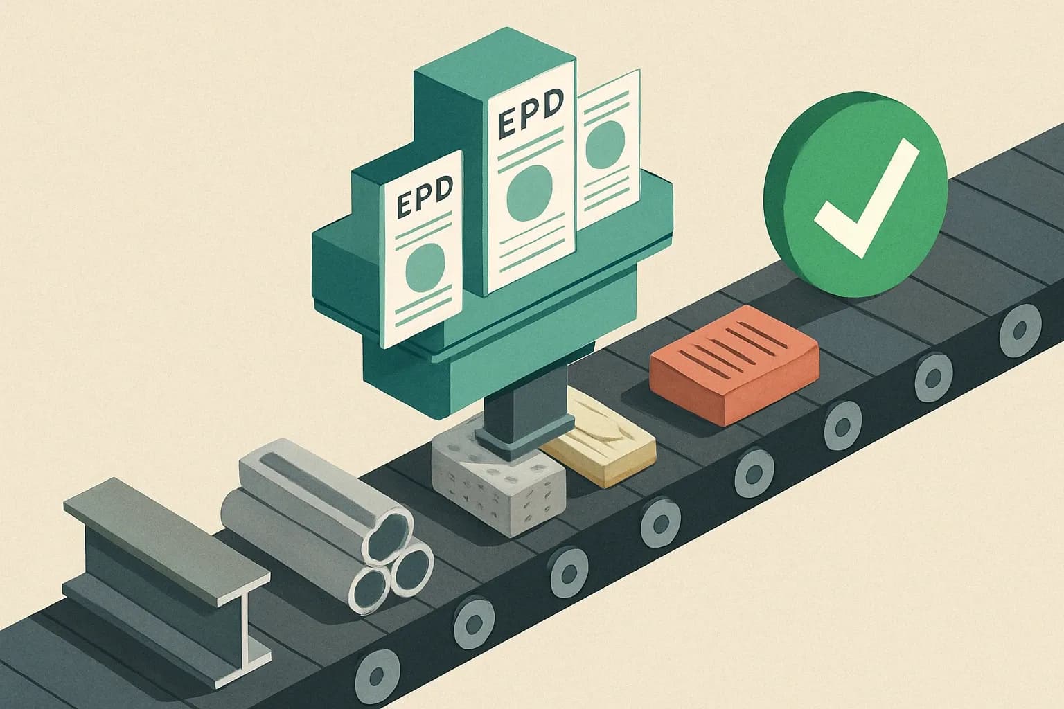 Factory conveyor with raw materials on left, EPD sheets stamping onto products in the middle, and a green tick at the end representing tender approval.