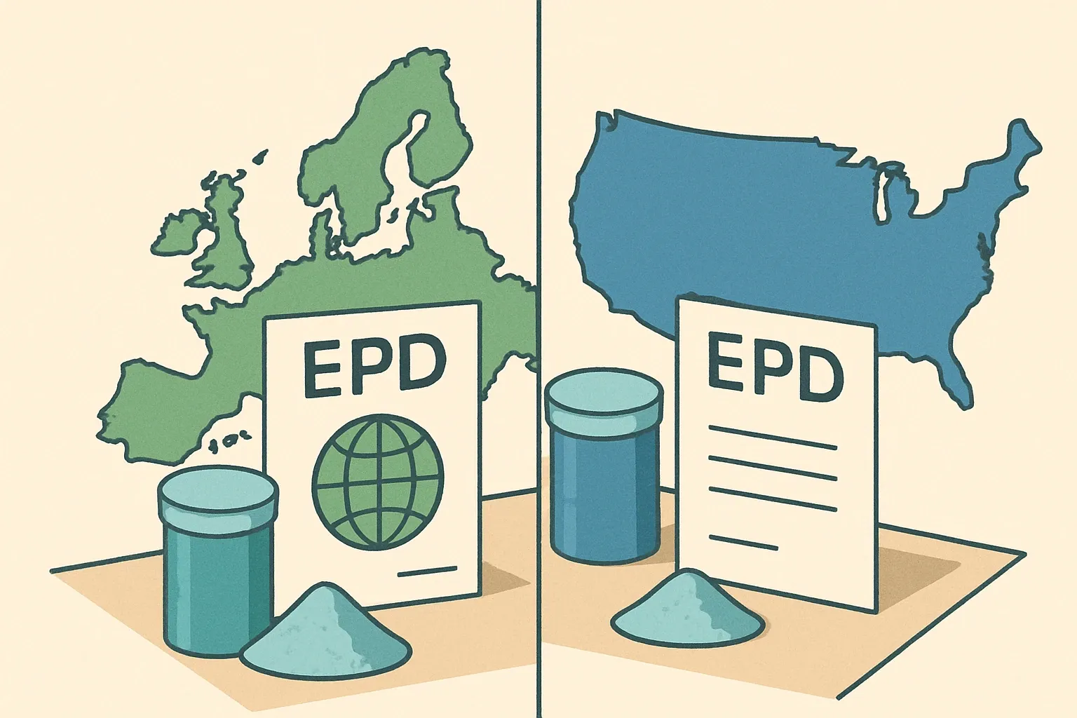 Generate an illustration for an article following this concept:

Is there an industry‑wide EPD for powder coatings?
Short answer for anyone searching “industry-wide EPD powder coatings” or “sector average EPD powder coating EPDs”: yes in Europe, via the German coatings association, and not currently in the United States. Here is where to find it, what it covers, and why a product‑specific powder coating EPD still wins more specs.

Ensure that you use no text, as this illustration will be used on international translations of the article..

Use an illustrative style (e.g. isometic) and don't generate in a photorealistic style.