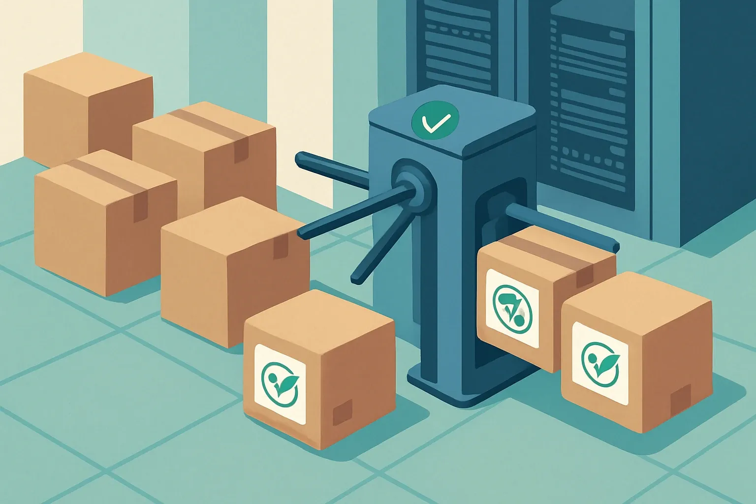 A stylized turnstile at a data center entrance that only opens for product boxes tagged with EPD icons and green checkmarks, while untagged boxes queue up outside.