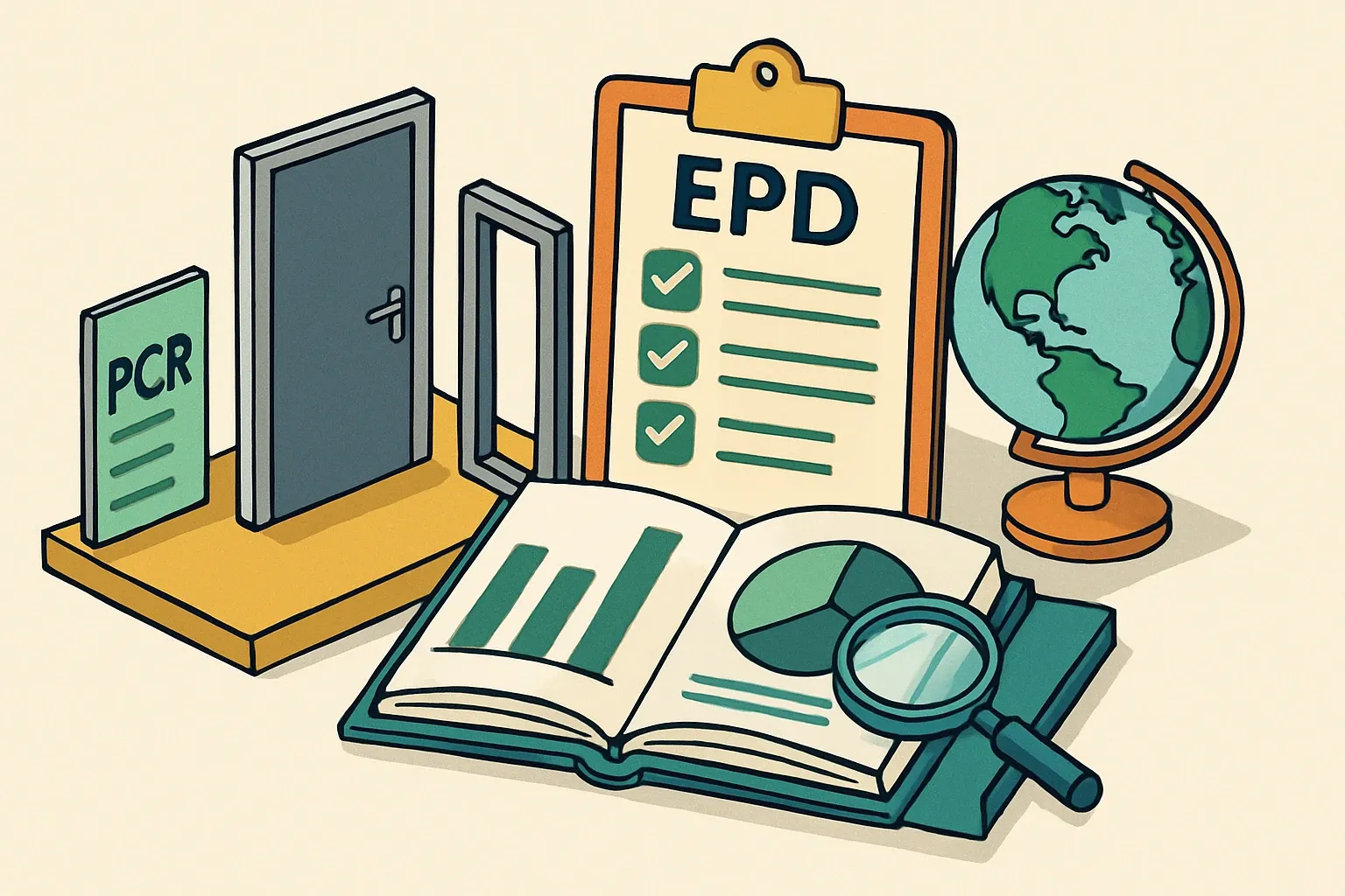 Generate an illustration for an article following this concept:

EPDs for Metal Doors and Frames in the United States
Planning an EPD for hollow metal doors, steel doors, or steel frames in 2026? Here is the clearest snapshot of who is publishing, which program operators they use, and which PCRs shape the rules. We turn five years of U.S. data into practical guidance you can act on.

Ensure that you use no text, as this illustration will be used on international translations of the article..

Use an illustrative style (e.g. isometic) and don't generate in a photorealistic style.