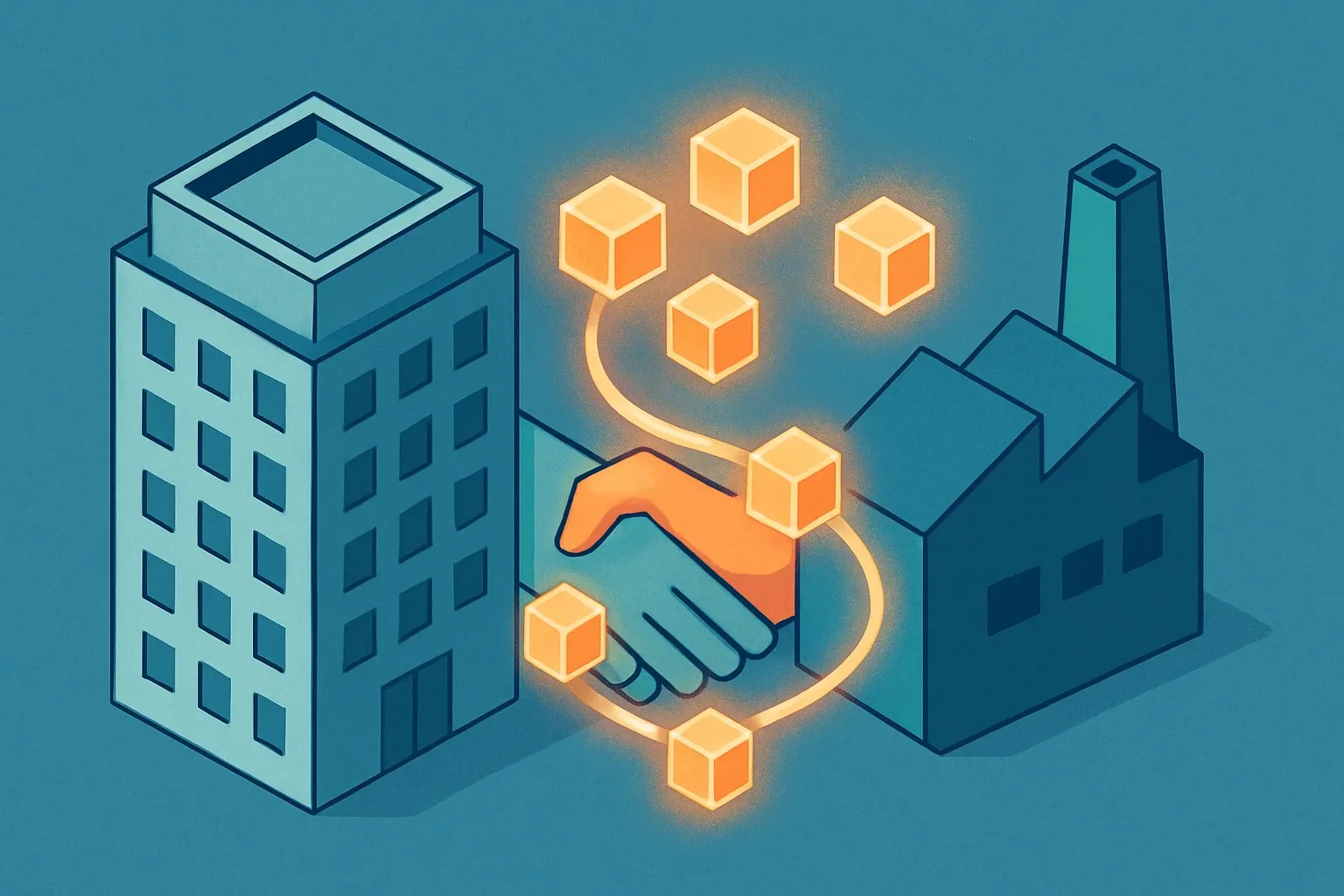 A stylized 3-D model of a building exchanging glowing data cubes with a factory icon, symbolizing BIM pulling EPD data from the manufacturer.