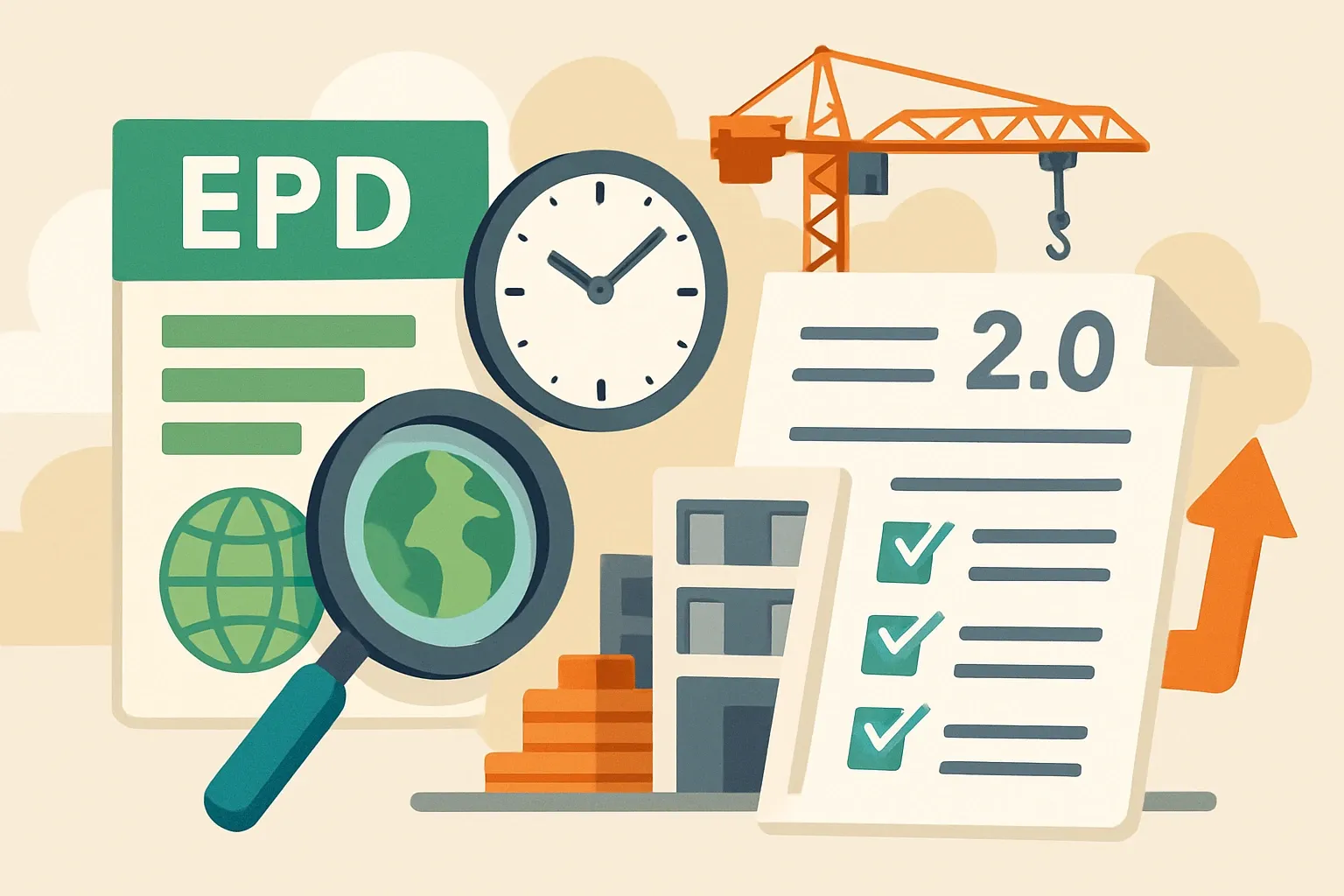 Generate an illustration for an article following this concept:

EPD standards update: Construction PCR 2.0, decoded
If your next submittal leans on the old construction PCR, the clock is ticking. Version 2.0 reshapes structure, raises the bar on data quality, and nudges teams toward digital EPDs. Here is what changed, what dates matter, and how to avoid a scramble during verification.

Ensure that you use no text, as this illustration will be used on international translations of the article..

Use an illustrative style (e.g. isometic) and don't generate in a photorealistic style.