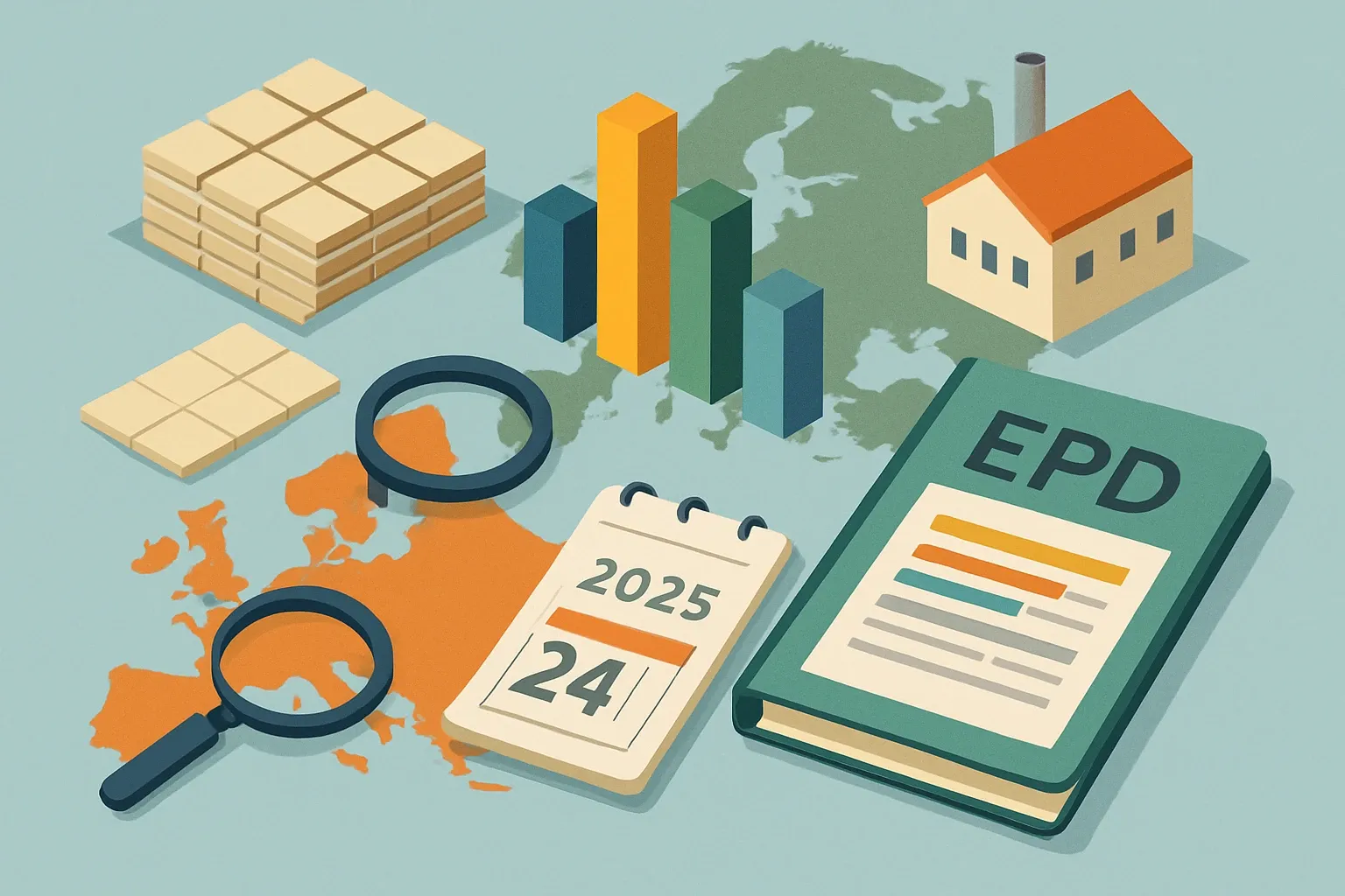 Generate an illustration for an article following this concept:

EPDs for ceramic tile in Europe, the data guide
Planning a tile EPD in 2026 and want the full picture in one place? Here is the European ceramic tile landscape by the numbers, who publishes with whom, which PCRs competitors choose, and when renewals hit. It covers 193 current EPDs issued by 55 manufacturers across six program operators, with the most recent tile EPD we see dated Oct 24, 2025. Use this to benchmark and time your move.

Ensure that you use no text, as this illustration will be used on international translations of the article..

Use an illustrative style (e.g. isometic) and don't generate in a photorealistic style.