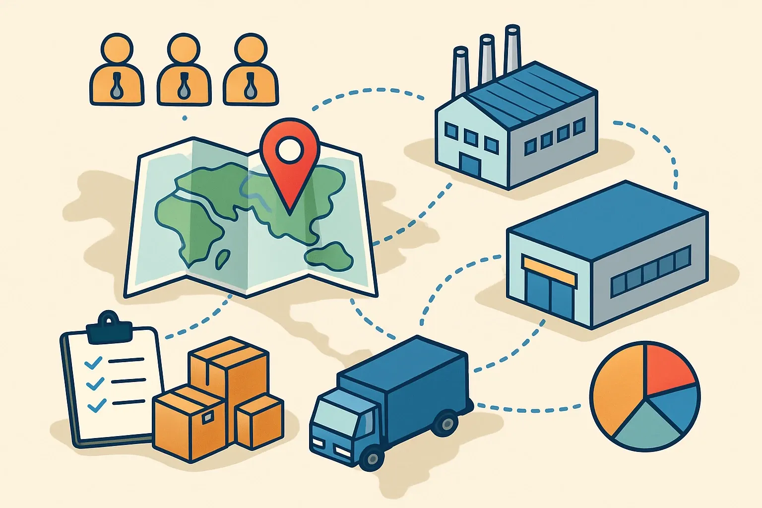 Generate an illustration for an article following this concept:

Model supplier and logistics data without plant maps
Missing exact factory coordinates should not freeze an EPD. Capture what is known with discipline, then model the rest. A practical recipe is to log supplier names, packaging specs, and the distribution centers products typically ship through. Use routing models to infer likely manufacturing locations and the shortest credible legs between nodes. When materials come from multiple suppliers, assign purchase fractions so LCA software can weight impacts correctly. You move fast, keep transparency, and validate fine points during review instead of guessing for weeks.

Ensure that you use no text, as this illustration will be used on international translations of the article..

Use an illustrative style (e.g. isometic) and don't generate in a photorealistic style.
