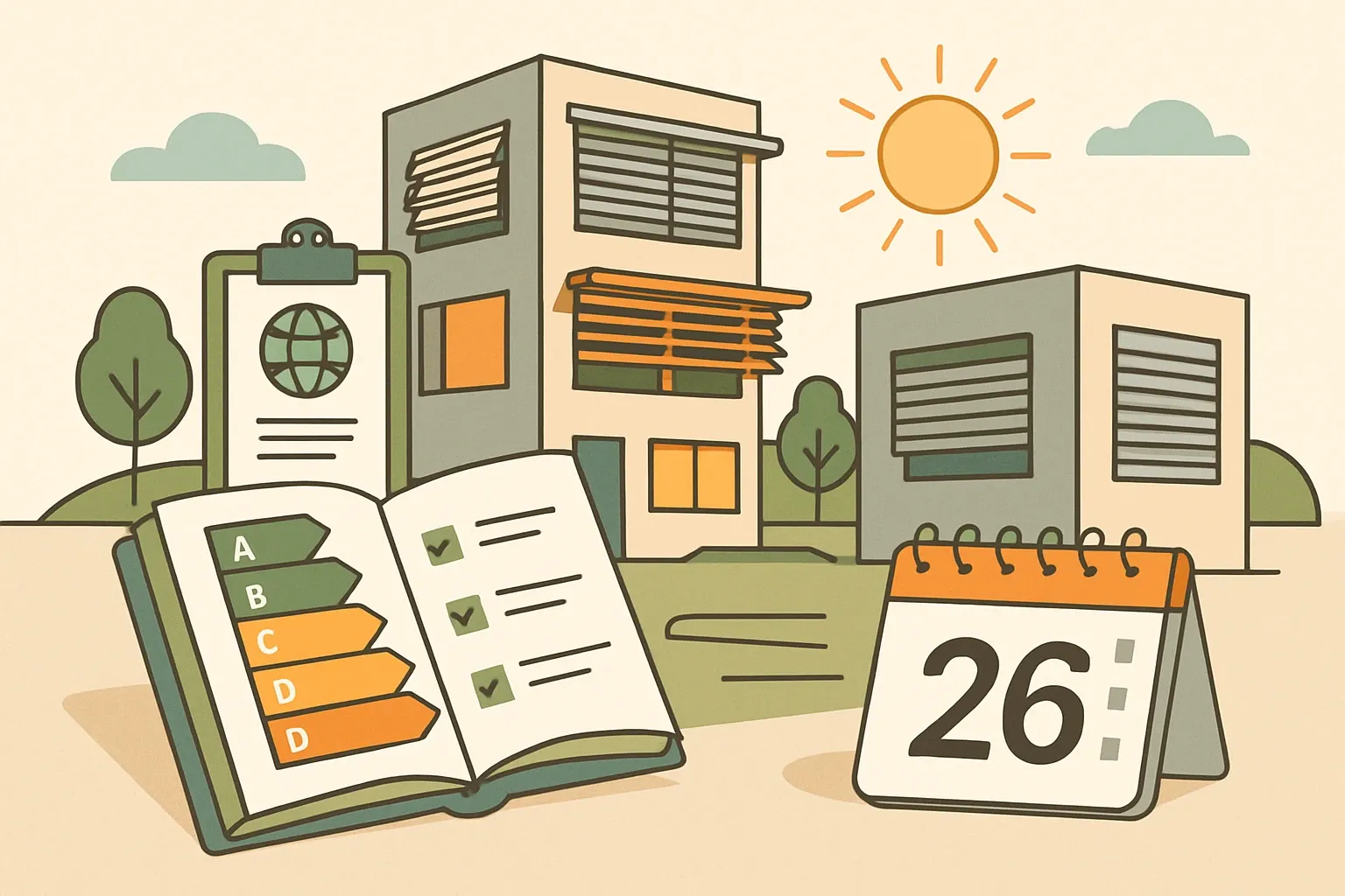 Generate an illustration for an article following this concept:

EPDs for Exterior Sun Control Devices in Europe
Planning an EPD for louvers, brise soleil, external blinds, or roller shutters in 2026? This guide distills who is publishing, which program operators they use, and the PCR choices winning in Europe. It is based on the global public registry most specifiers consult. Because public registries can lag, some late‑2025 entries may not yet appear, and we call that out below so you can plan with confidence.

Ensure that you use no text, as this illustration will be used on international translations of the article..

Use an illustrative style (e.g. isometic) and don't generate in a photorealistic style.