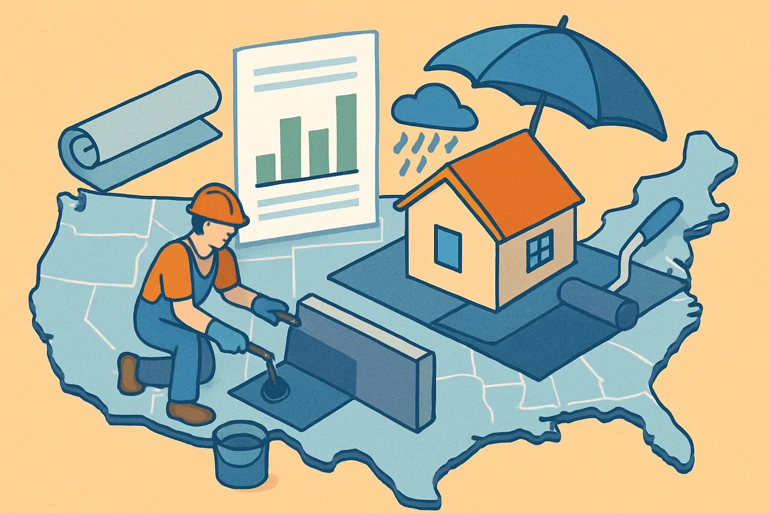 Generate an illustration for an article following this concept:

Dampproofing and Waterproofing EPDs in the United States
Planning an EPD for waterproofing, air barriers, roof coatings, or dampproofing in 2026? This guide distills the real activity in the United States and shows where competitive gravity sits so you can pick the right PCR, program operator, and timing without guesswork.

Ensure that you use no text, as this illustration will be used on international translations of the article..

Use an illustrative style (e.g. isometic) and don't generate in a photorealistic style.