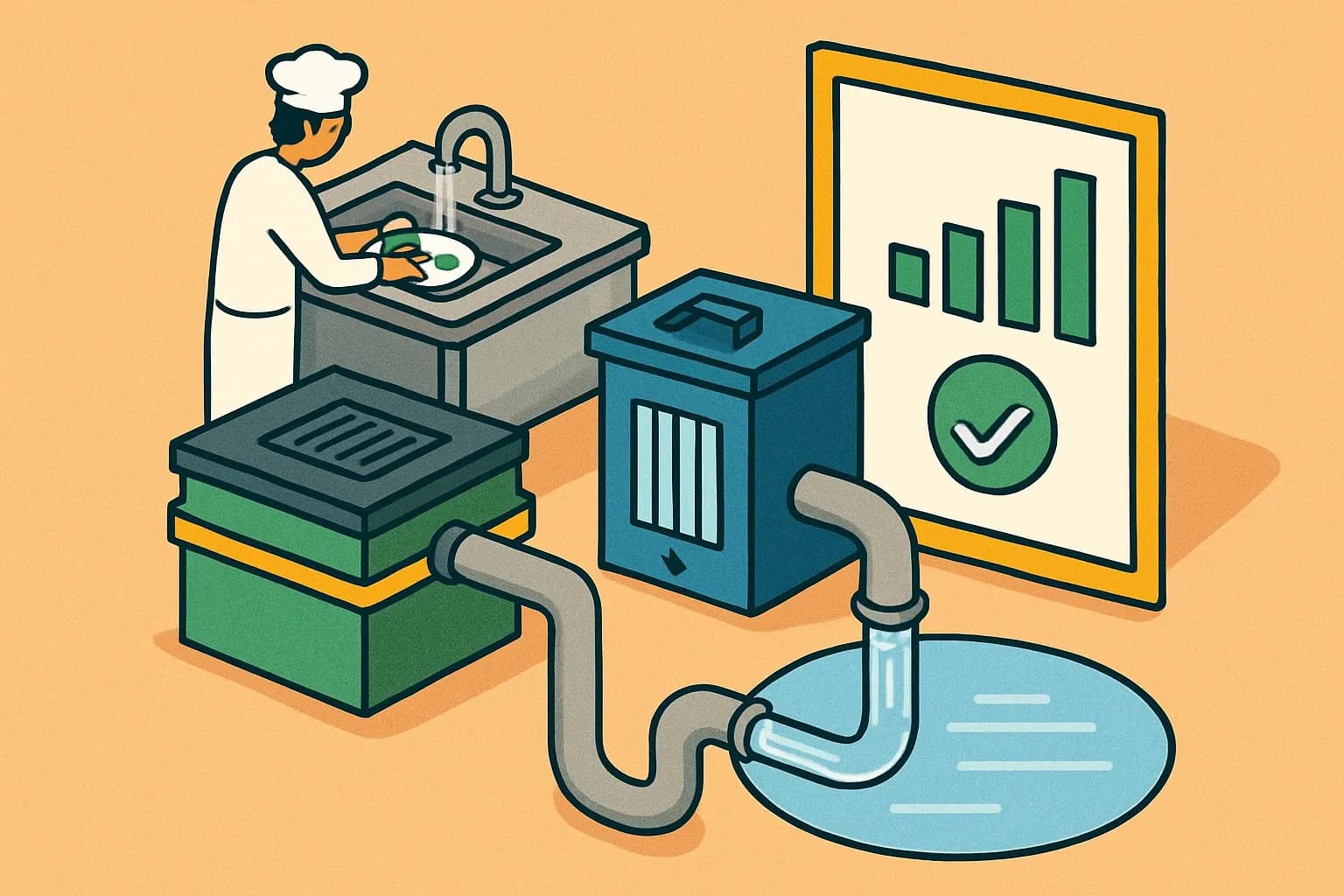 Generate an illustration for an article following this concept:

EPAS first EPDs land for GreaseShield and FilterShield
Kitchen wastewater finally gets transparency treatment. EPAS has published its first wave of Environmental Product Declarations, putting verified numbers behind grease management and drain filtration. For foodservice builds and refurb programs that now filter bids for product‑specific EPDs, this is the moment spec teams breath easier.

Ensure that you use no text, as this illustration will be used on international translations of the article..

Use an illustrative style (e.g. isometic) and don't generate in a photorealistic style.