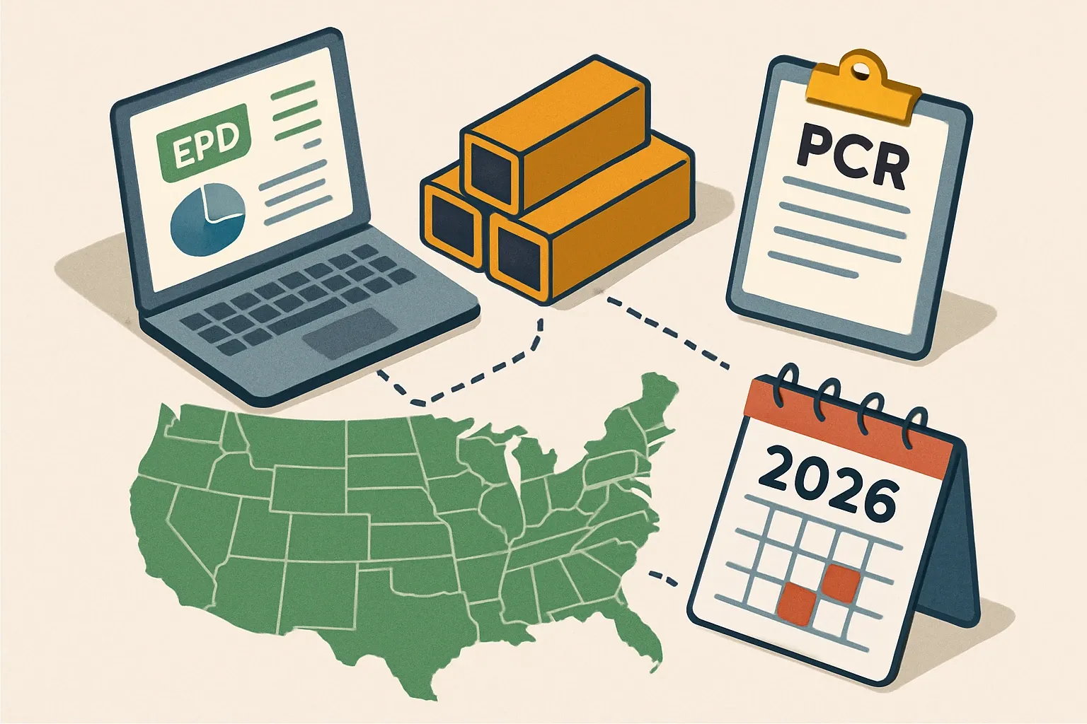 Generate an illustration for an article following this concept:

EPDs for Hollow Sections in the United States
Planning an HSS EPD in 2026? Here’s the definitive, numbers-first view of the US market for Hollow Sections, also called HSS, structural steel tubing, or steel pipe and tube. We map who is publishing, which Program Operators they choose, the PCRs that actually appear on specs, and when renewals will crowd the calendar.

Ensure that you use no text, as this illustration will be used on international translations of the article..

Use an illustrative style (e.g. isometic) and don't generate in a photorealistic style.