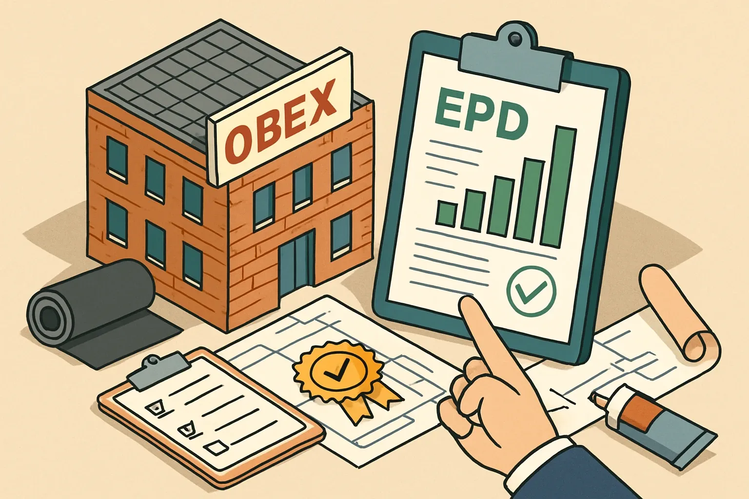 Generate an illustration for an article following this concept:

Congrats, OBEX: first‑ever EPDs are live
A familiar façade name just put numbers on the board. OBEX has published its debut wave of Environmental Product Declarations, giving project teams spec‑ready data for membranes and adhesives where conservative defaults used to slow submittals. Here is what shipped, who verified it, and how that shifts the competitive math in building‑envelope bids.

Ensure that you use no text, as this illustration will be used on international translations of the article..

Use an illustrative style (e.g. isometic) and don't generate in a photorealistic style.