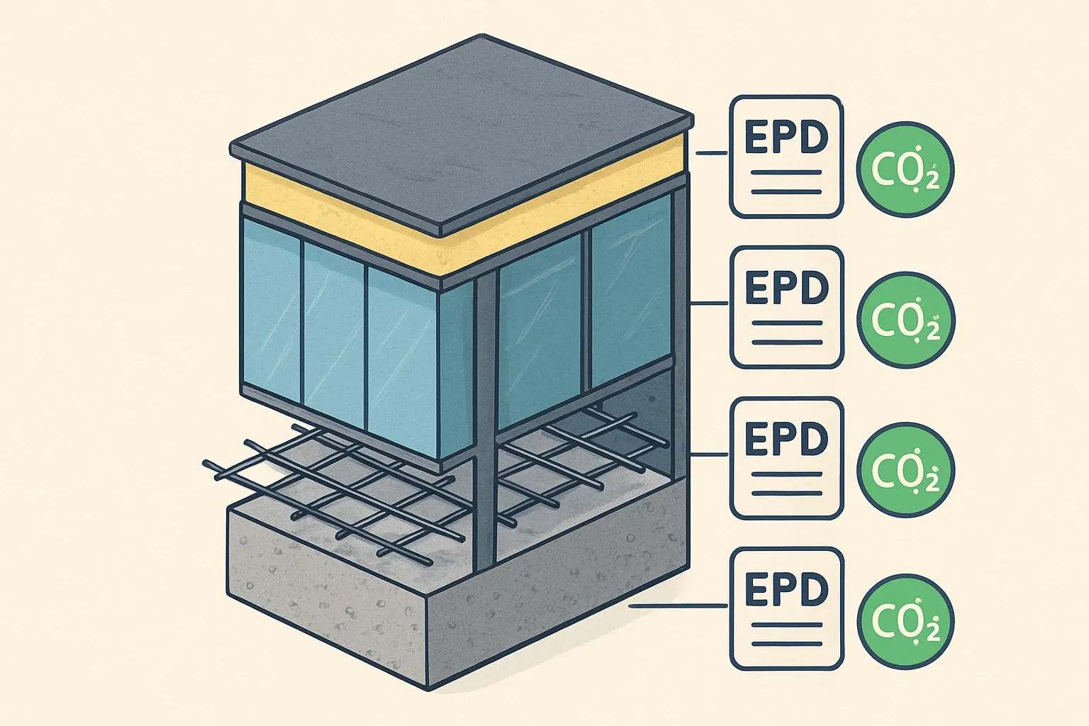 A layered cutaway of a data center corner with concrete slab, reinforcing steel, curtain wall glass, and roof insulation, each layer tagged with a small EPD card icon and a GWP value badge.