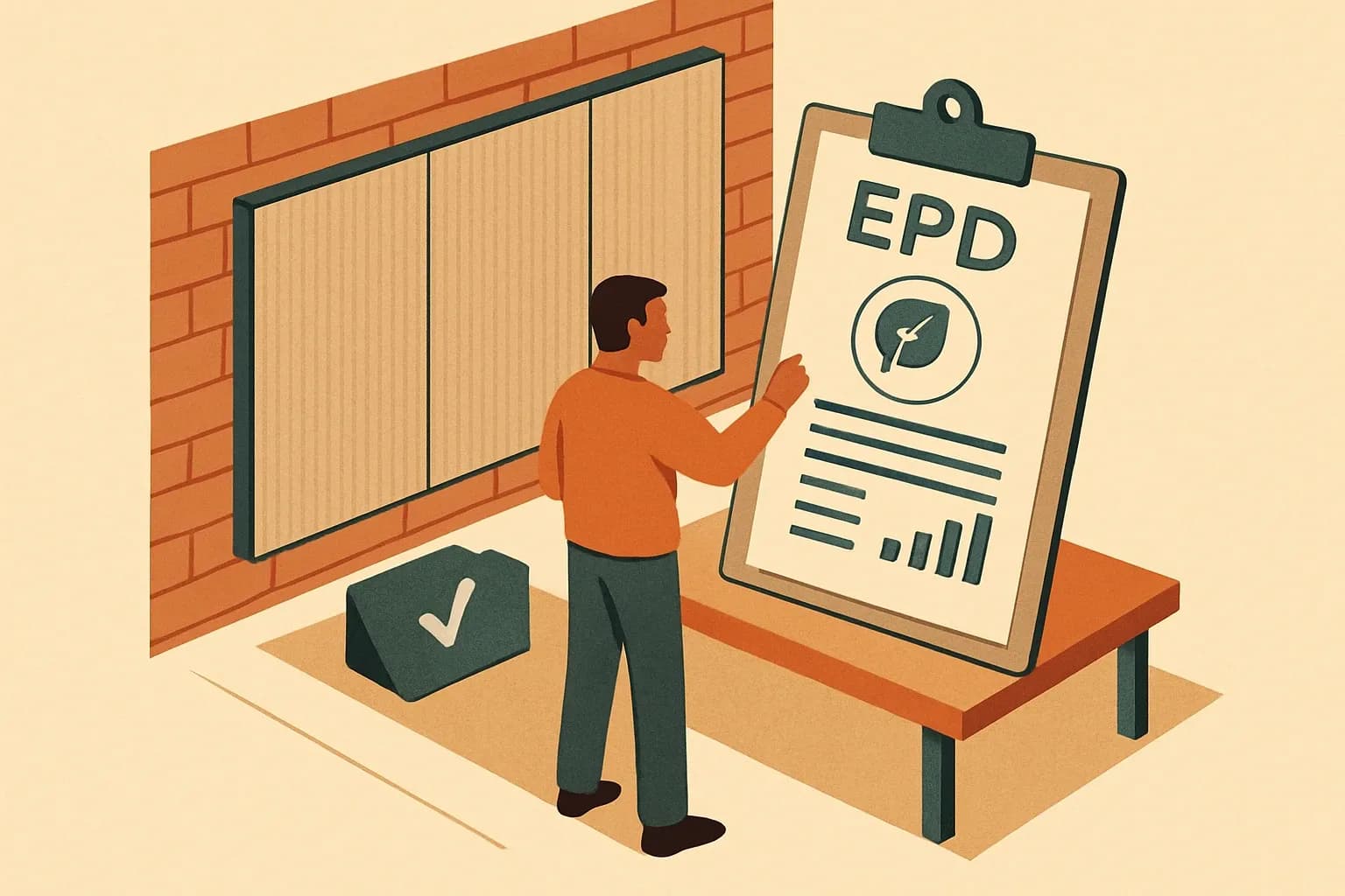 Generate an illustration for an article following this concept:

Bravo, DiN Akustik: First EPDs Land
A fresh name just stepped into the transparency arena. DiN Akustik’s debut Environmental Product Declaration makes its acoustic wall panels spec‑ready in projects where verified data now rides alongside performance.

Ensure that you use no text, as this illustration will be used on international translations of the article..

Use an illustrative style (e.g. isometic) and don't generate in a photorealistic style.