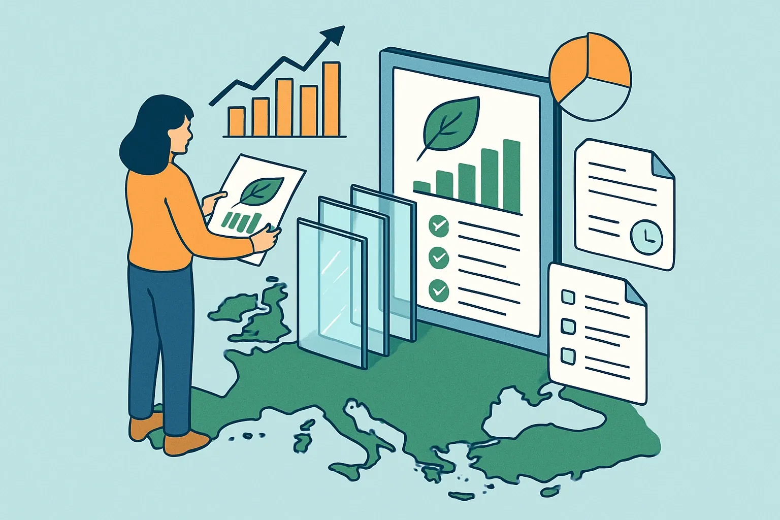 Generate an illustration for an article following this concept:

EPDs for Flat Glass in Europe The ultimate data guide
If you make float glass, sheet glass, panes, or glazing in Europe, this is your 2026 field guide to Environmental Product Declarations. We map who is publishing, which PCRs win, where expiries stack up, and how to time renewals so sales never stall in specs.

Ensure that you use no text, as this illustration will be used on international translations of the article..

Use an illustrative style (e.g. isometic) and don't generate in a photorealistic style.