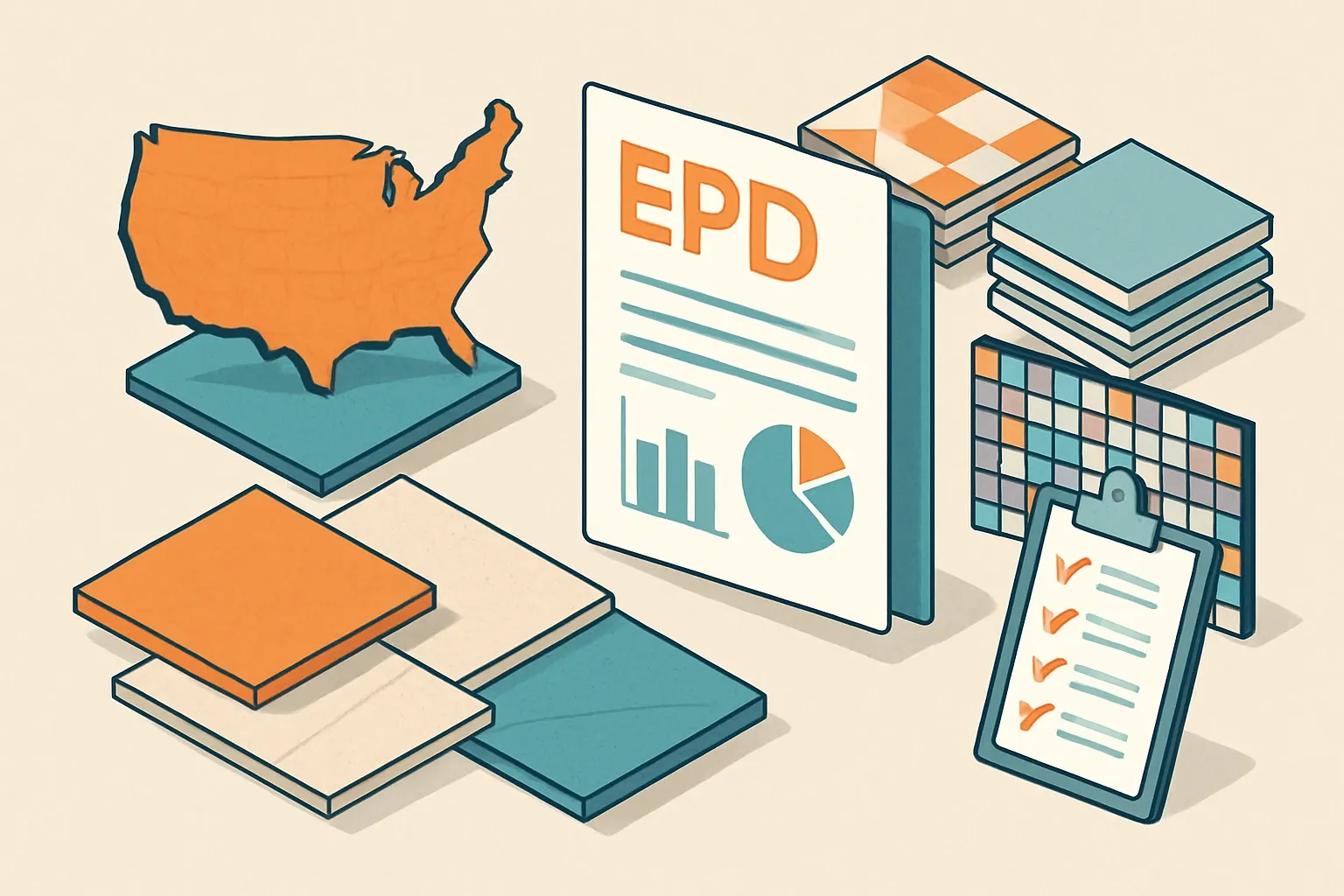 Generate an illustration for an article following this concept:

Ceramic Tile EPDs in the US, the Data Guide
Planning tile EPDs in 2026? Here is the full US snapshot for ceramic and porcelain tile, mosaics, and large-format panels. We unpack who is publishing, which program operators and PCRs actually show up in practice, and when current declarations will expire so you can time new releases to win specs without drama.

Ensure that you use no text, as this illustration will be used on international translations of the article..

Use an illustrative style (e.g. isometic) and don't generate in a photorealistic style.