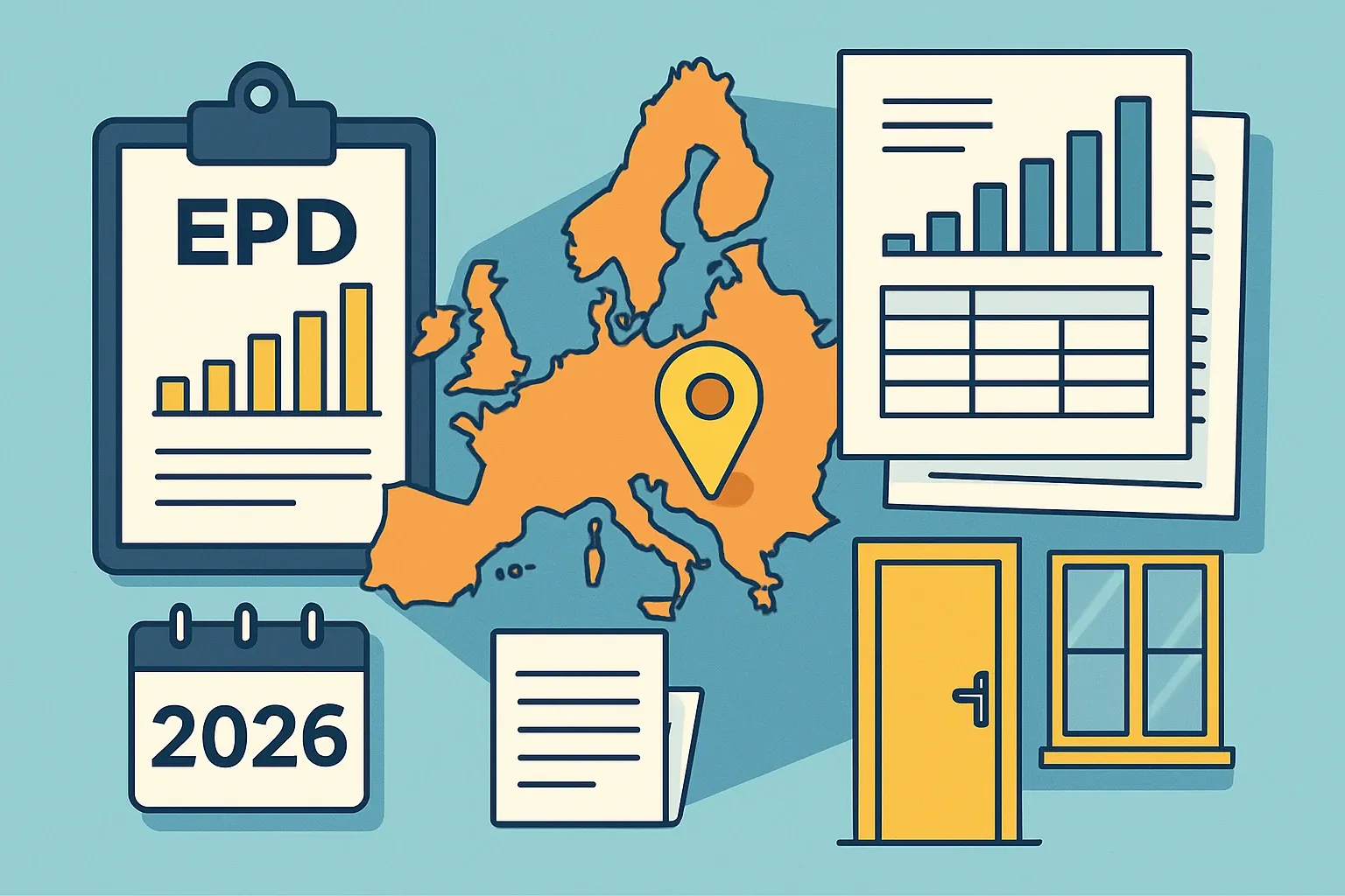 Generate an illustration for an article following this concept:

EPDs for Fenestration Hardware in Europe: Data-Based Guide
Planning an EPD in 2026 for window and door hardware in Europe? This guide shows exactly who is publishing, which program operators and PCRs they use, and when renewals hit. We cover fenestration hardware, also known as architectural hardware or ironmongery, so you can benchmark your roadmap against the current market in minutes.

Ensure that you use no text, as this illustration will be used on international translations of the article..

Use an illustrative style (e.g. isometic) and don't generate in a photorealistic style.