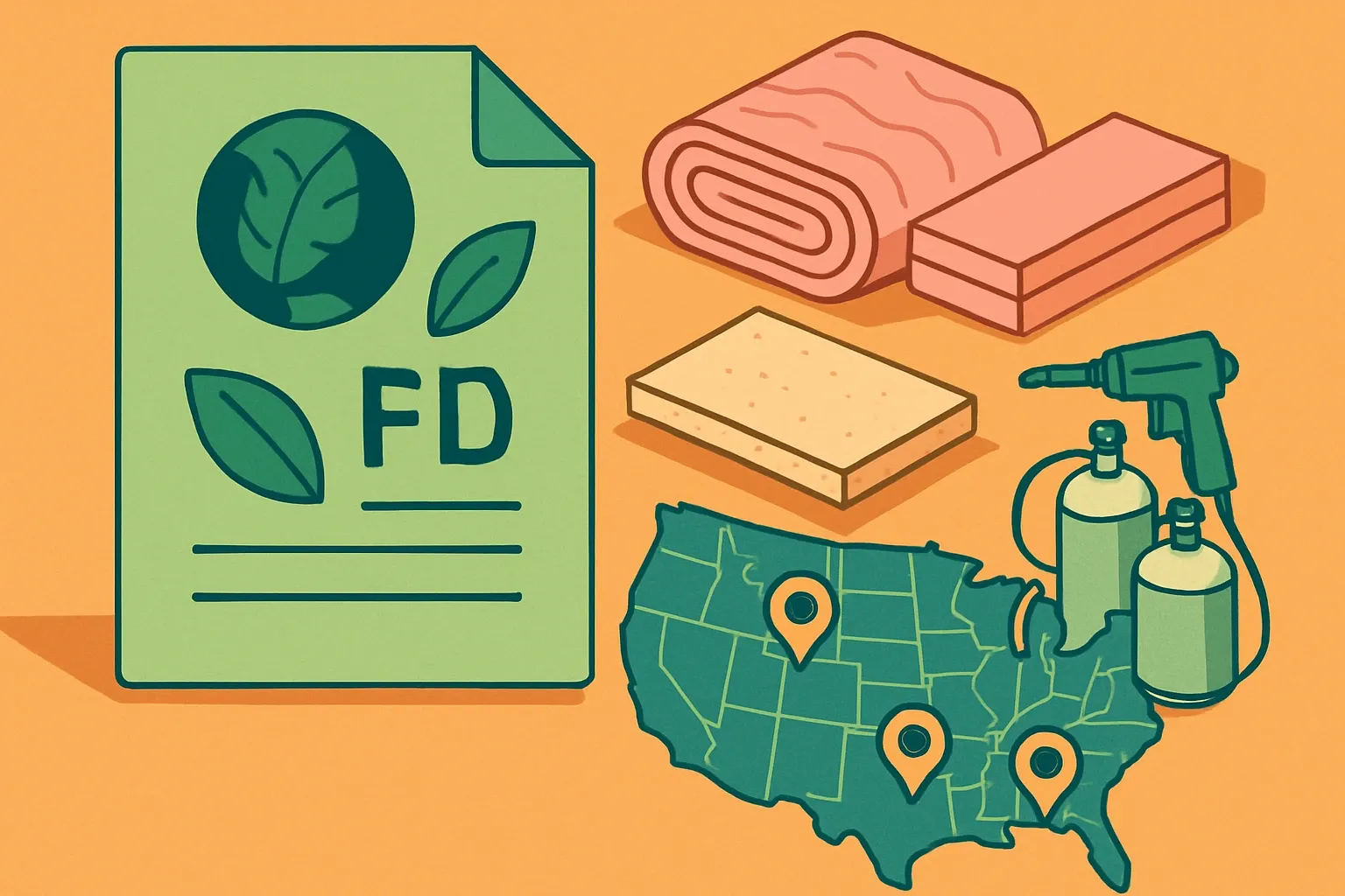 Generate an illustration for an article following this concept:

EPDs for Insulation in the United States
If you make thermal insulation, blanket insulation, board insulation or spray foam, this is your 2026 field guide. We mapped who is publishing Environmental Product Declarations, which rulebooks they use, where renewals will hit, and how to position your products to win specs without turning price into the only lever.

Ensure that you use no text, as this illustration will be used on international translations of the article..

Use an illustrative style (e.g. isometic) and don't generate in a photorealistic style.