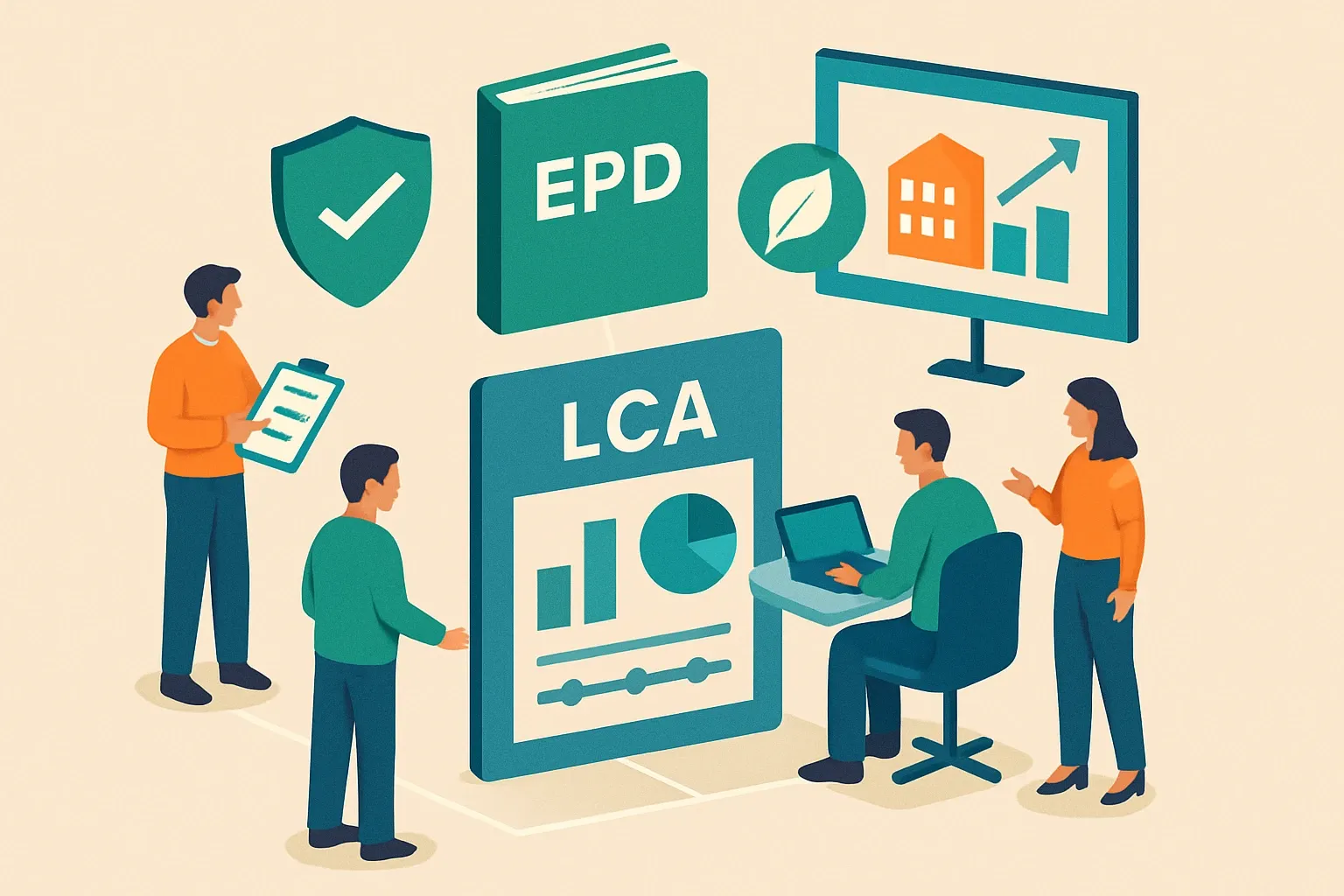 Generate an illustration for an article following this concept:

EPD UK: LCA and EPD services overview
Manufacturers chasing project specs need product carbon data that buyers can trust. Here is a crisp, impartial look at what EPD UK appears to offer, where it fits in a traditional consulting workflow, and the checkpoints to review before you commit time and internal resources.

Ensure that you use no text, as this illustration will be used on international translations of the article..

Use an illustrative style (e.g. isometic) and don't generate in a photorealistic style.