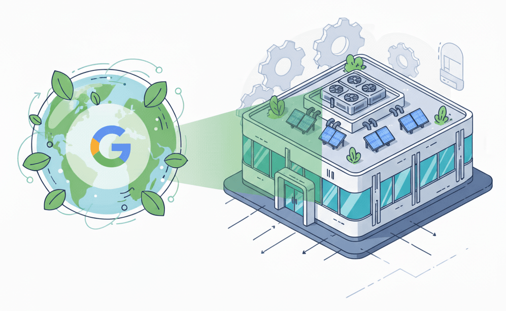 Illustration of a globe with Google logo scanning a data center building for impacts.