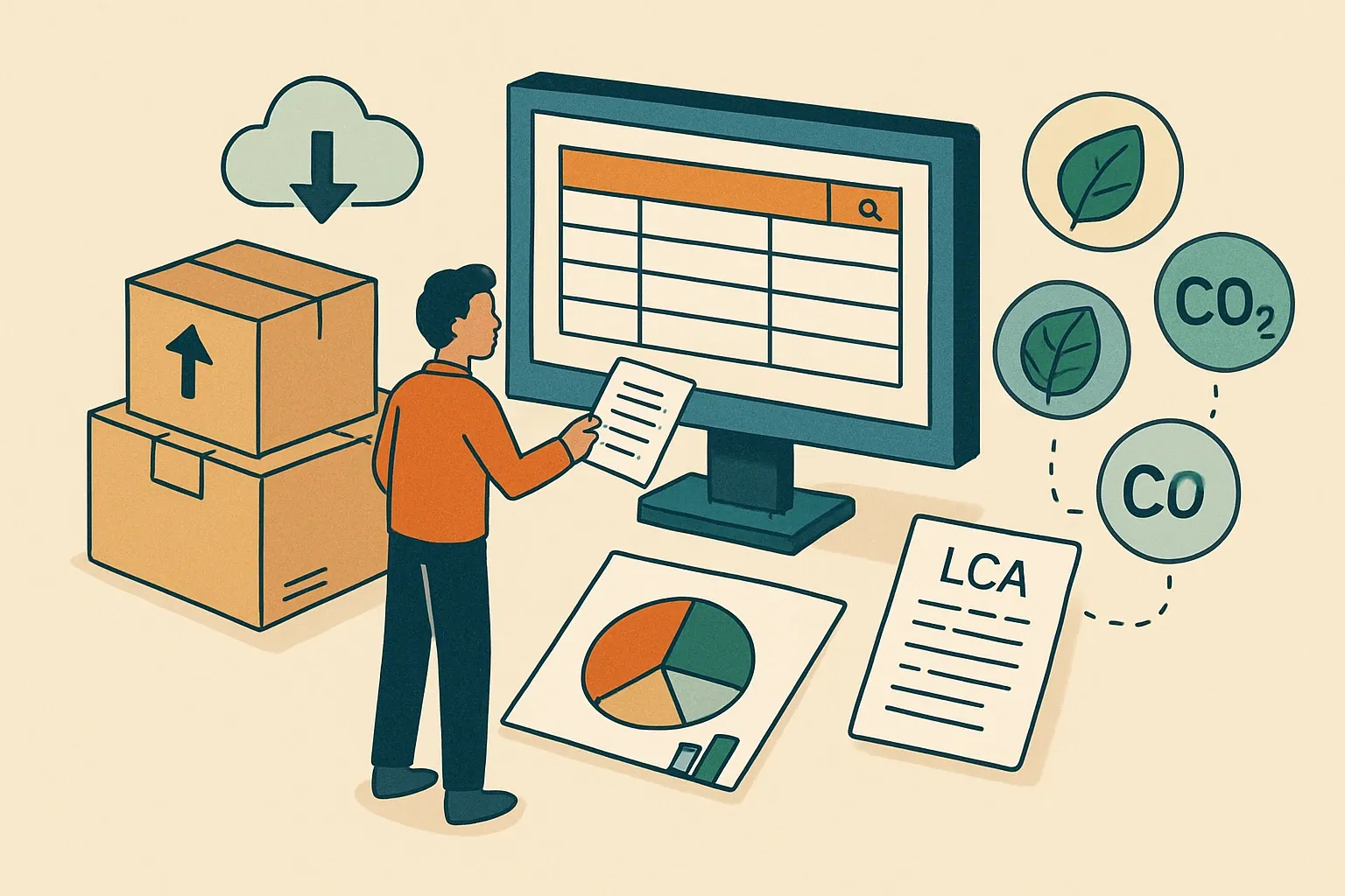 Generate an illustration for an article following this concept:

How to collect Scope 3 Purchased Goods data
Category 1 drives the bulk of many manufacturers’ footprints, yet it is the messiest data to wrangle. Nail this once and your LCAs, EPDs, and customer answers flow faster, with fewer fire drills when specs land.

Ensure that you use no text, as this illustration will be used on international translations of the article..

Use an illustrative style (e.g. isometic) and don't generate in a photorealistic style.