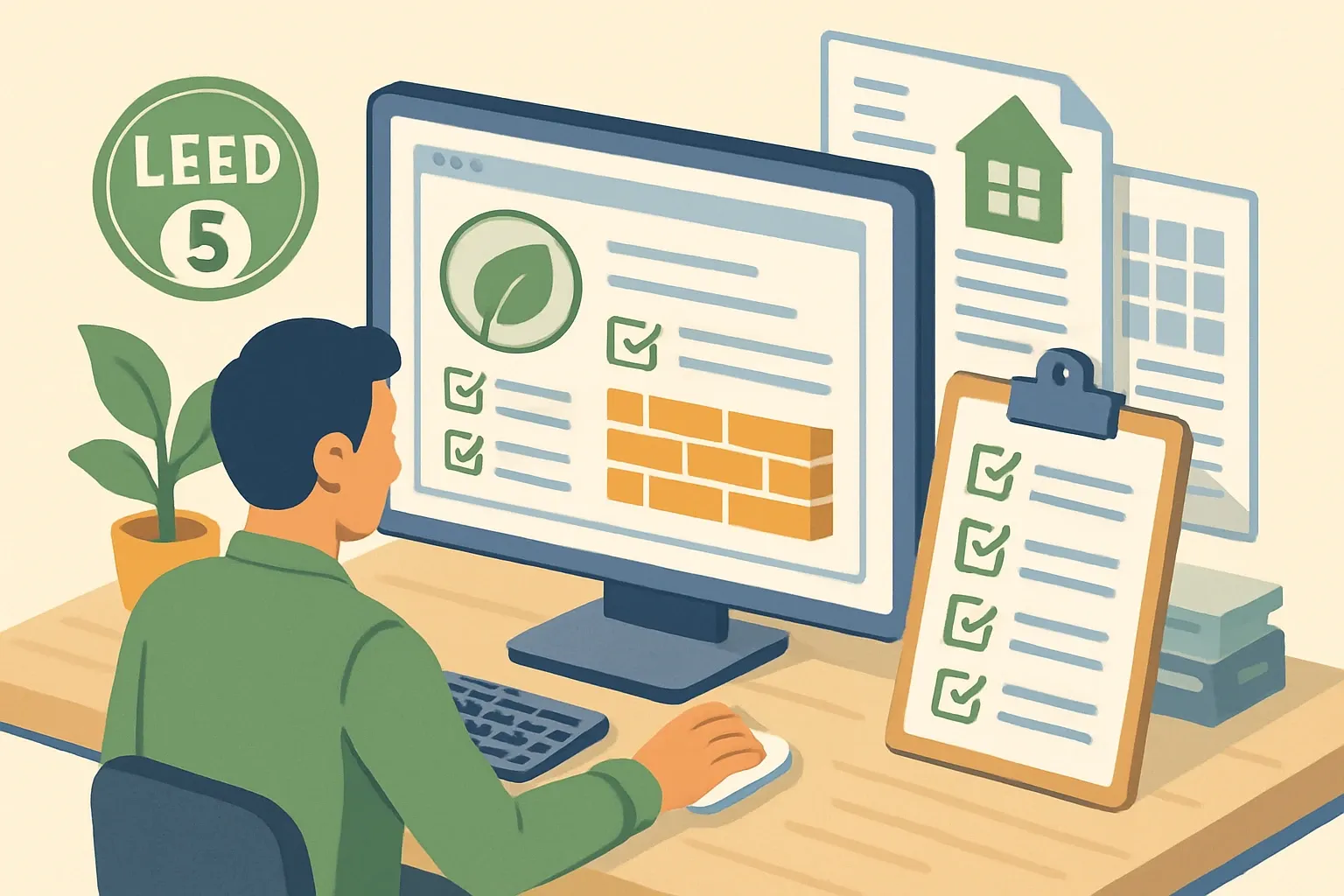 Generate an illustration for an article following this concept:

Refresh product pages for LEED v5 spec checks
LEED v5 shifts materials from single-credit chatter to a multi‑attribute, procurement‑oriented story. Starting July 1, 2026, new commercial BD+C, ID+C, and O+M projects must register under v5, while v4 and v4.1 stay open only for already‑registered work. That means the places architects actually verify proof need a refresh now: product pages, downloadable cut sheets, master specs, and BIM/Revit familys. Done right, your website and library become spec tools that shorten back‑and‑forth, reduce submittal risk, and keep your product in play for teams chasing v5 points (USGBC LEED certification deadlines, 2026).

Ensure that you use no text, as this illustration will be used on international translations of the article..

Use an illustrative style (e.g. isometic) and don't generate in a photorealistic style.