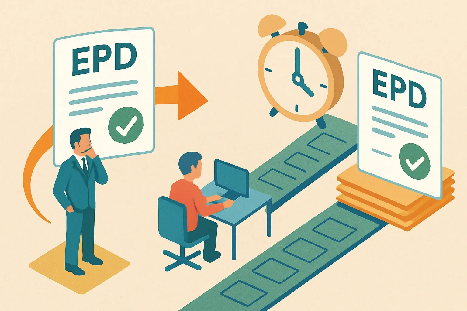 Generate an illustration for an article following this concept:

Operator choice drives EPD speed: Smart 1 day, UL 154
EPDs do not create ROI when they are issued. They create ROI when architects and specifiers can actually find them in EC3. Our analysis of 37,017 declarations shows a staggering spread in time-to-visibility across program operators, from 1 day to 340 days. If your EPD sits in a months-long upload queue, you are funding a blackout window where competitors get specified while you stay invisible.

Ensure that you use no text, as this illustration will be used on international translations of the article..

Use an illustrative style (e.g. isometic) and don't generate in a photorealistic style.