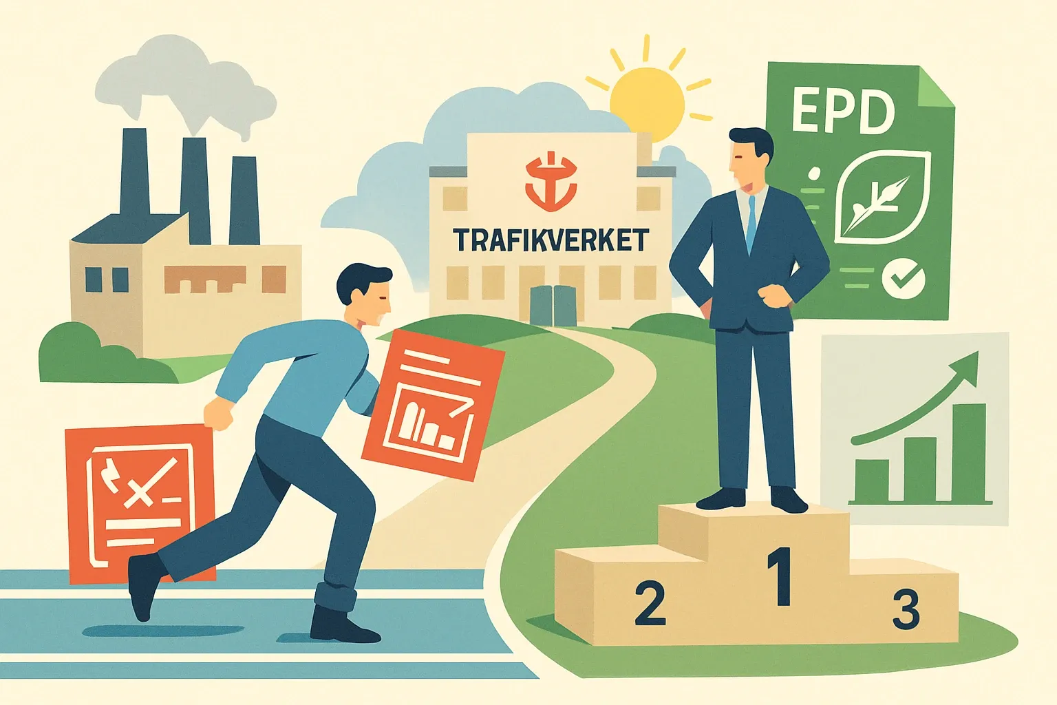 Generate an illustration for an article following this concept:

Klimatkalkyl in Sweden: What Manufacturers Need To Win
Bids to Trafikverket live or die on Klimatkalkyl results. If your products show up with generic emission factors, you start the race wearing ankle weights. Product‑specific, third‑party verified EPDs swap those estimates for your real data, which can shift a tender from maybe to yes.

Ensure that you use no text, as this illustration will be used on international translations of the article..

Use an illustrative style (e.g. isometic) and don't generate in a photorealistic style.