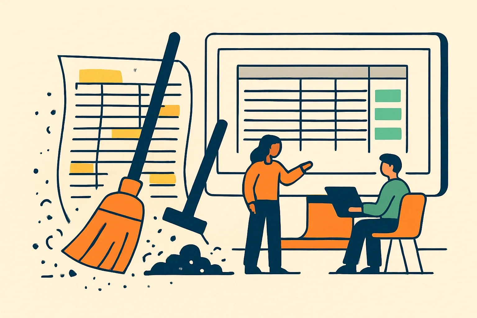 Generate an illustration for an article following this concept:

Fast and dirty EPD data, done right
If an EPD kickoff keeps slipping because spreadsheets are still “not ready,” you are paying for structure you do not need. Modern EPD workflows thrive on completeness, not perfection. Get the core facts in the door and let software plus an expert team do the tidying.

Ensure that you use no text, as this illustration will be used on international translations of the article..

Use an illustrative style (e.g. isometic) and don't generate in a photorealistic style.