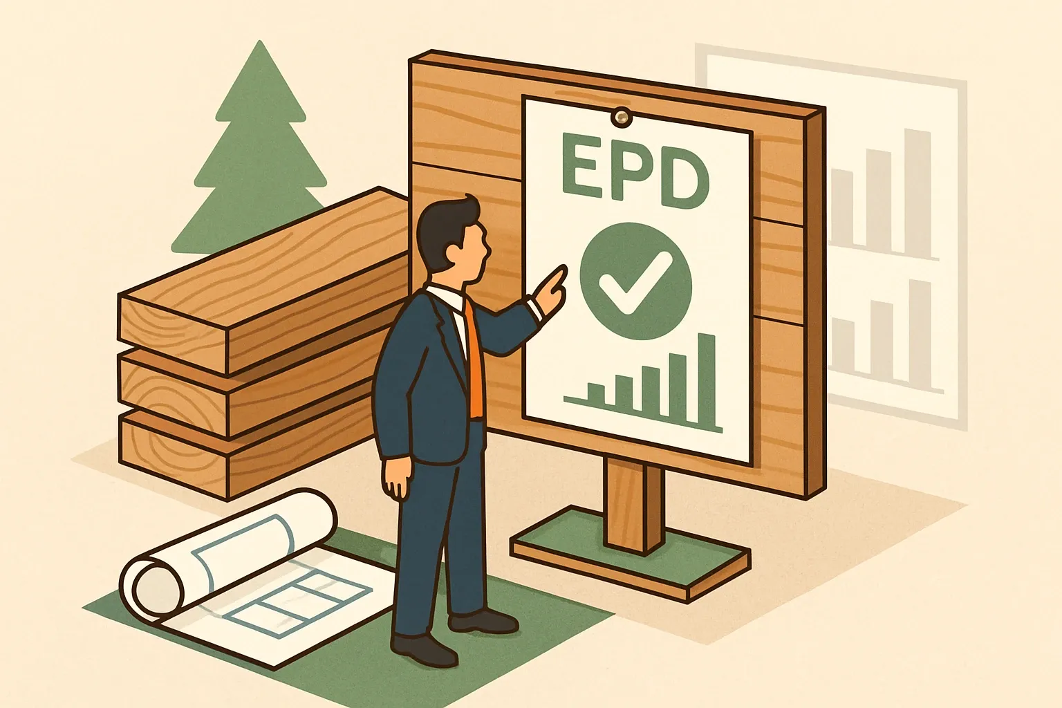 Generate an illustration for an article following this concept:

Congrats, Satsuma—first EPDs now on the board
Satsuma just entered the transparency arena with their first Environmental Product Declarations. For teams bidding wood‑frame projects, that means real, verifiable data on cedar structural lumber instead of hand‑waving. It also signals a go‑to‑market shift toward specs where EPDs tilt decisions. Here’s the quick snapshot, why it matters, and how the field stacks up today.

Ensure that you use no text, as this illustration will be used on international translations of the article..

Use an illustrative style (e.g. isometic) and don't generate in a photorealistic style.