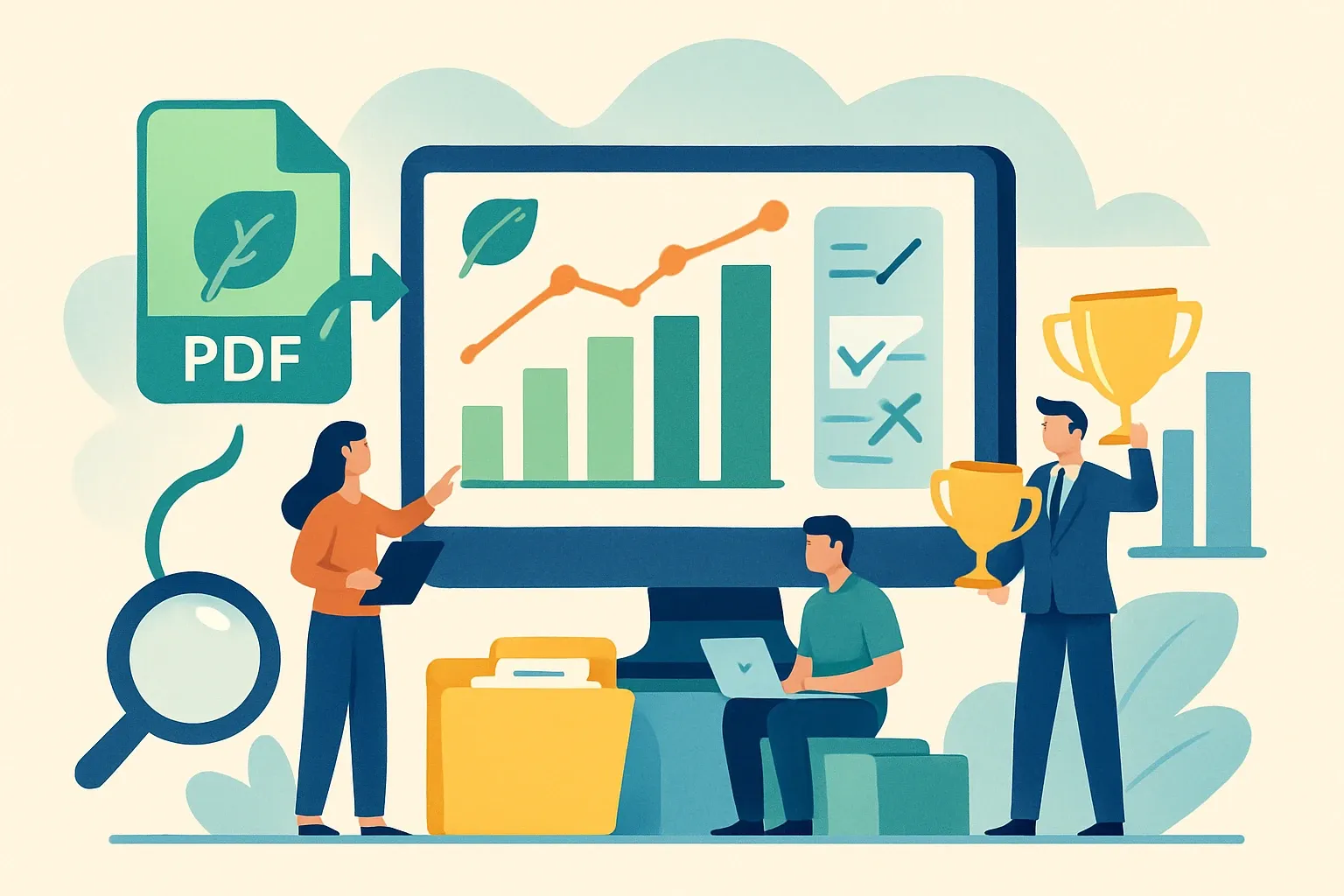 Generate an illustration for an article following this concept:

Turn EPD Data Into Deal‑Winning Benchmarks
Most teams still treat EPDs like static PDFs that sit in a folder. The leaders treat them like a living dataset that can prove advantage, power crisp comparisons, and equip sales with ready‑to‑send buyer materials. Here is how to turn your environmental declarations into a competitive engine that helps win specs and bids without slowing anyone down.

Ensure that you use no text, as this illustration will be used on international translations of the article..

Use an illustrative style (e.g. isometic) and don't generate in a photorealistic style.