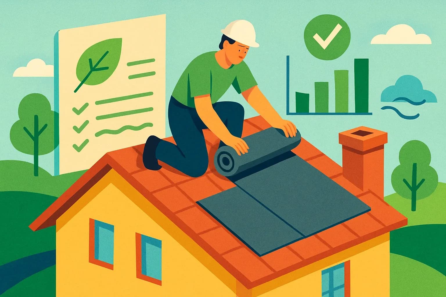 Generate an illustration for an article following this concept:

Phonix’s first EPDs hit the roof
Specification teams love momentum. Phonix just published its first wave of product‑specific Environmental Product Declarations for core roofing membranes, giving buyers the third‑party proof they look for when carbon counts, credits matter, and substitutions lurk. Here is what launched, who verified it, and how it changes the competitive math.

Ensure that you use no text, as this illustration will be used on international translations of the article..

Use an illustrative style (e.g. isometic) and don't generate in a photorealistic style.