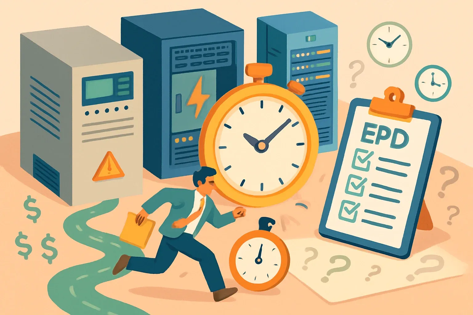 Generate an illustration for an article following this concept:

Beat the bid clock on data‑center EPDs
Hyperscale buyers rarely hint, then they memorialize new rules in the next RFx. If your UPS, switchgear, busway, or transformer line lacks ready, verified EPDs when that update lands, the scramble begins. Timelines compress, consulting costs climb, and deals drift toward better prepared rivals. Here’s when to act, how to frame the ROI, and who is already set to win the minute EPDs turn into a checkbox.

Ensure that you use no text, as this illustration will be used on international translations of the article..

Use an illustrative style (e.g. isometic) and don't generate in a photorealistic style.