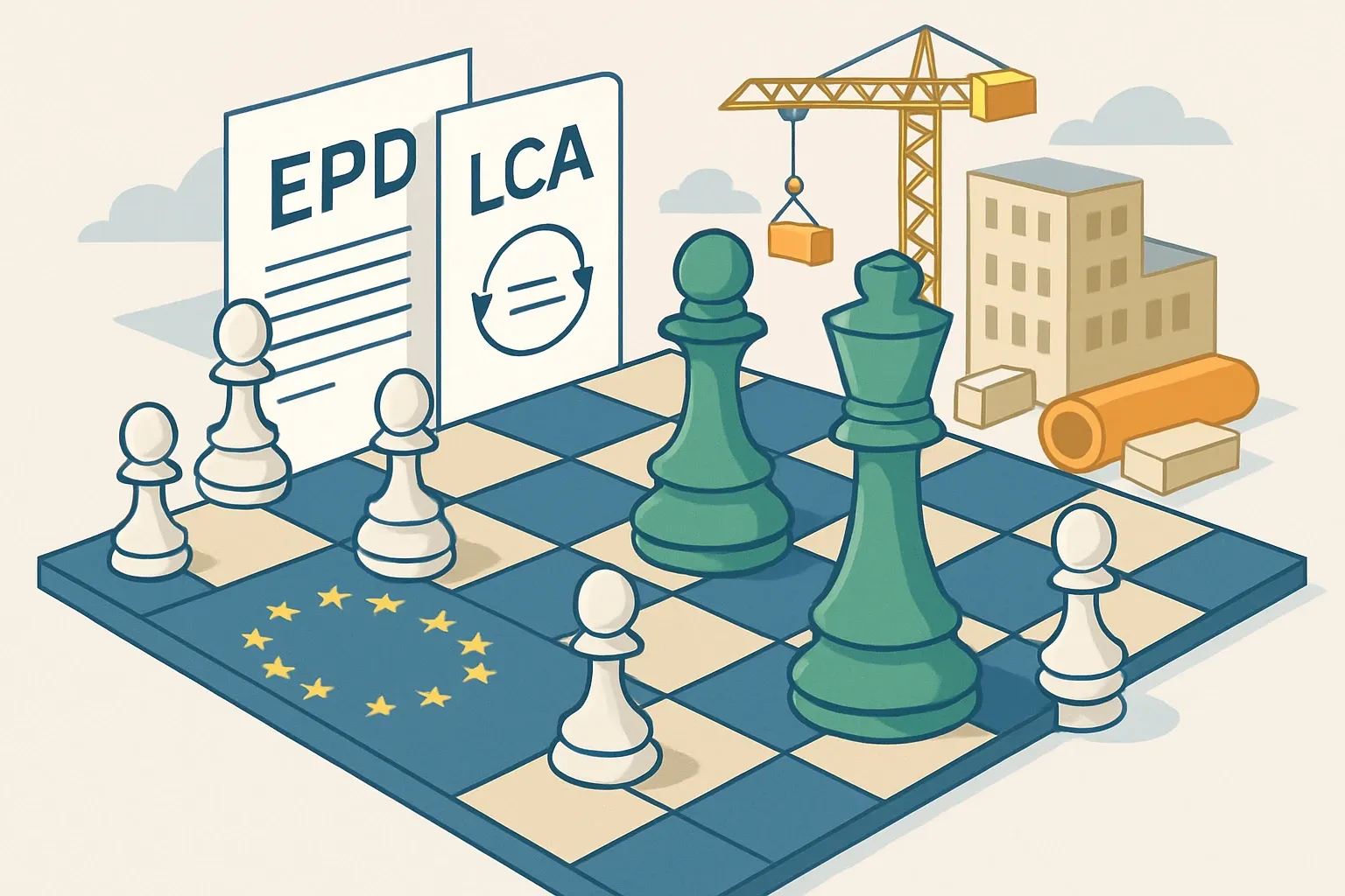 Generate an illustration for an article following this concept:

EU CPR Working Plan 2026 to 2029: What to do now
The EU just locked in the first Construction Products Regulation Working Plan. It spells out which product groups get new harmonised rules first and how environmental data will show up on product paperwork. If Europe is a chessboard, EPDs and LCAs just moved from pawns to power pieces.

Ensure that you use no text, as this illustration will be used on international translations of the article..

Use an illustrative style (e.g. isometic) and don't generate in a photorealistic style.