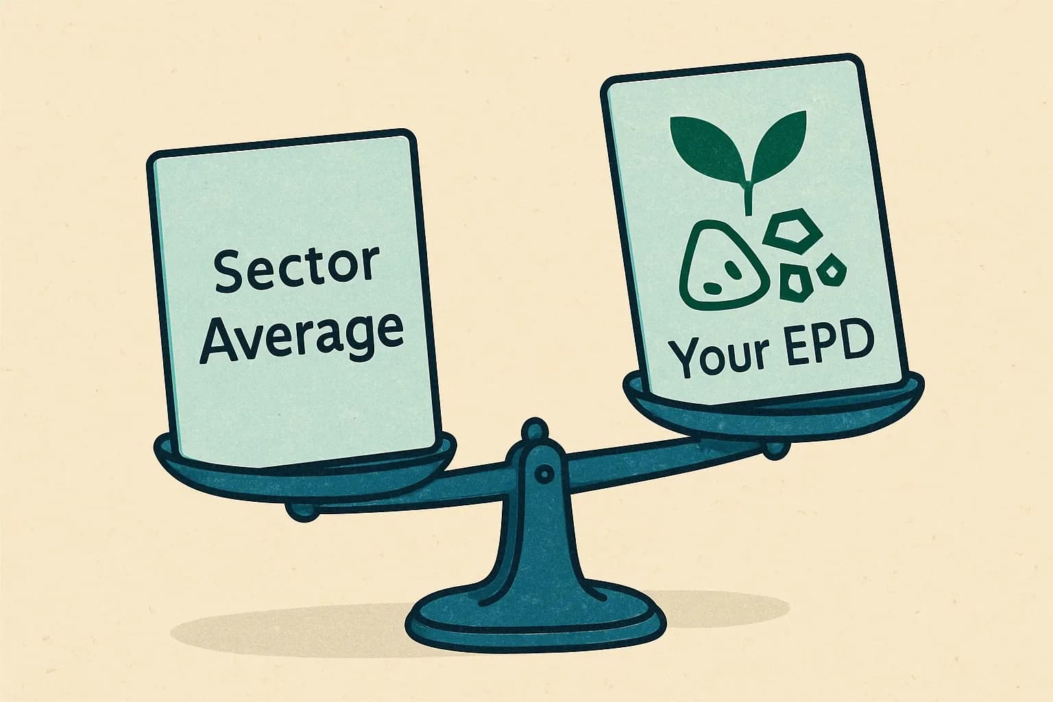 A balanced scale with a generic glass pane labeled “Sector Average” on one side and a detailed pane with a plant icon and cullet symbol labeled “Your EPD” on the other, showing the product‑specific pane lifting higher to suggest advantage.