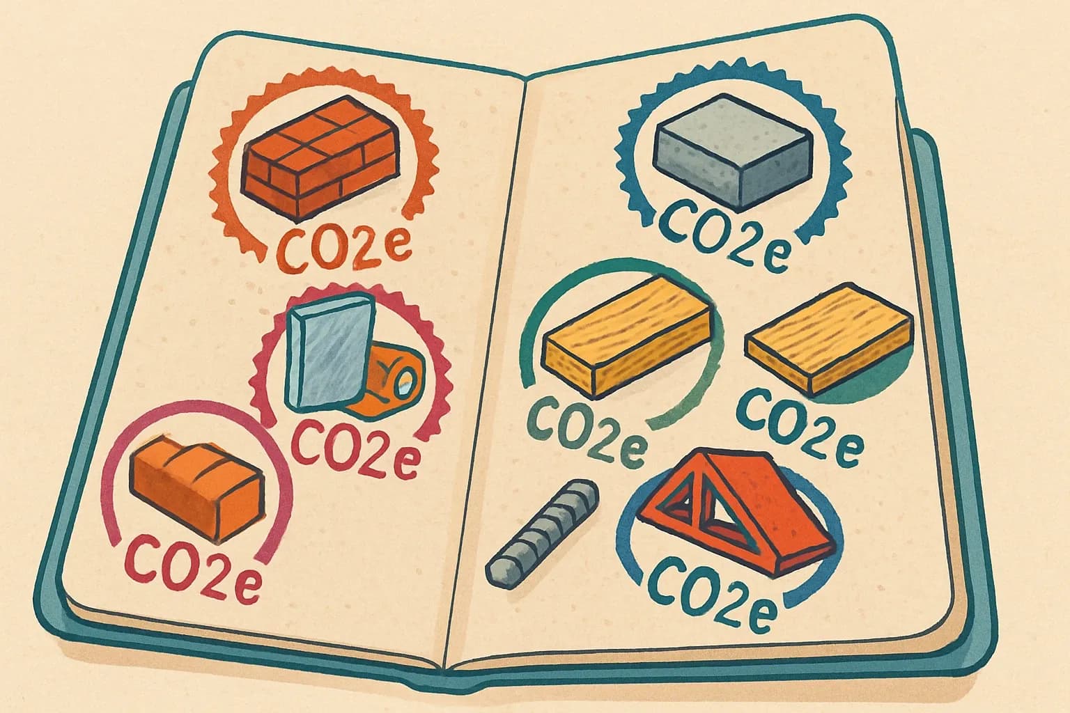 A construction material palette stamped like a passport, each stamp showing the CO₂e figure to symbolize entry into state projects.