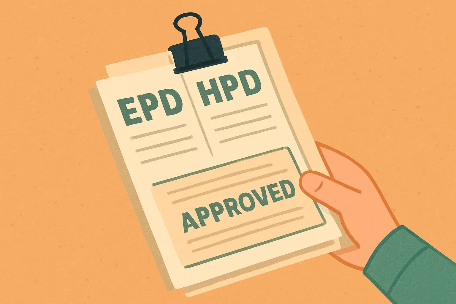 Generate an illustration for an article following this concept:

EPDs + HPDs: One Spec‑Ready Pack
Architects rarely ask for carbon or health documents in isolation. They want a clean bundle they can drop into a submittal and move on. Build a single, spec‑ready package that carries your product from short‑list to “approved” without back‑and‑forth scavenger hunts.

Ensure that you use no text, as this illustration will be used on international translations of the article..

Use an illustrative style (e.g. isometic) and don't generate in a photorealistic style.