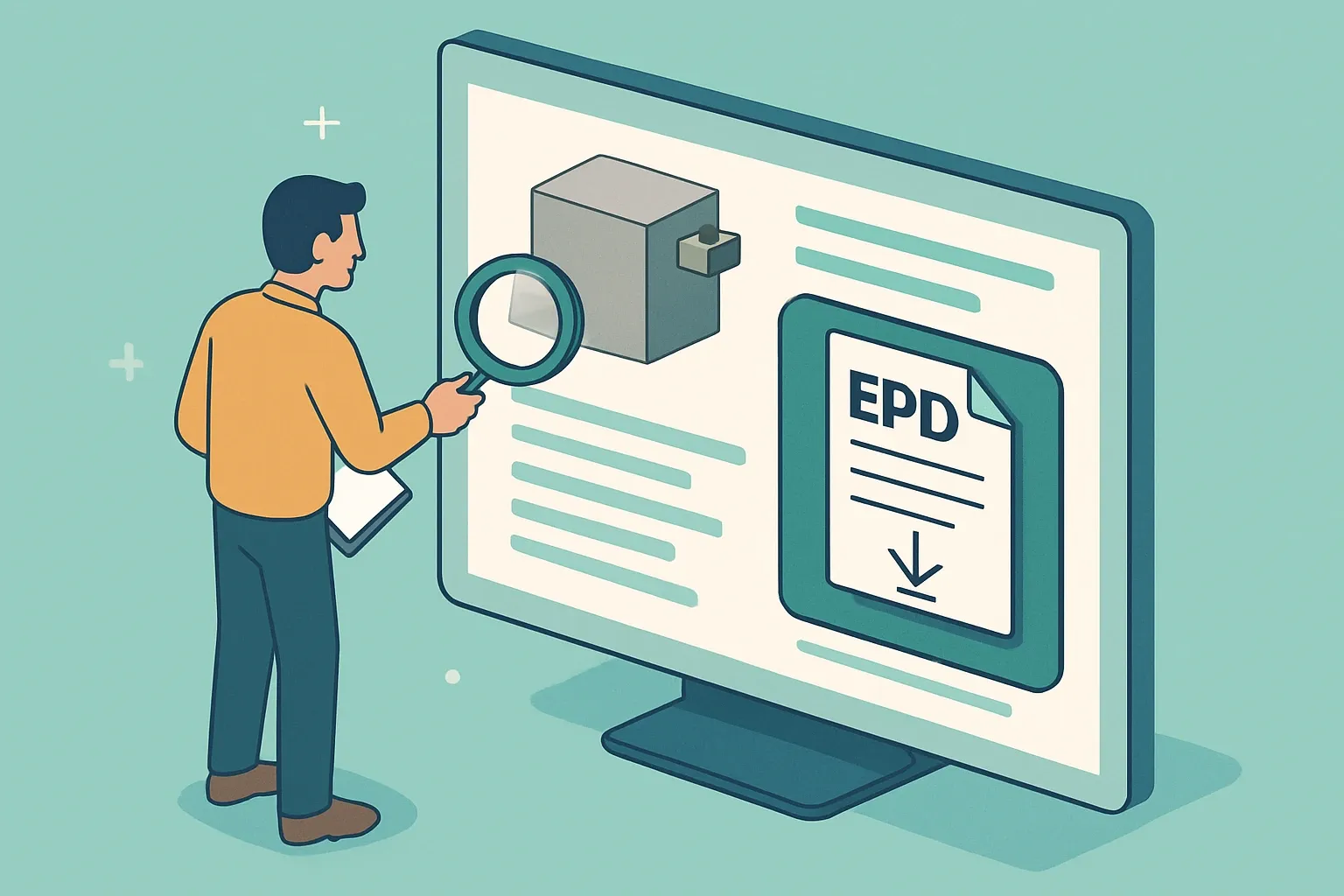 Generate an illustration for an article following this concept:

Make EPDs Obvious, Win More Specs
Having an EPD helps. Making it instantly findable on every product page turns it into revenue. When specifiers can grab the right PDF without hunting, products stay in the running for LEED v5 projects and carbon‑tracked bids. Hide the document and the commercial value vanishes. The play is simple: reduce clicks, remove guessing, and keep sustainability paperwork next to the technical facts buyers already trust.

Ensure that you use no text, as this illustration will be used on international translations of the article..

Use an illustrative style (e.g. isometic) and don't generate in a photorealistic style.