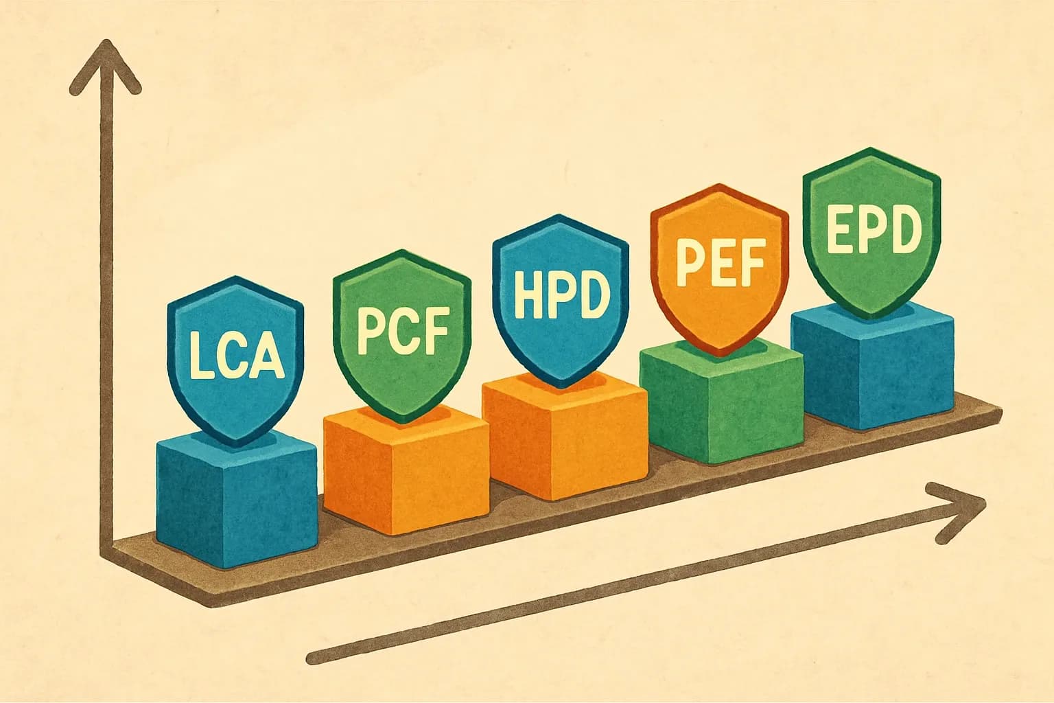 A horizontal bar showing five badges—LCA, PCF, HPD, PEF, EPD—mapped against two axes: breadth of impacts and market recognition.