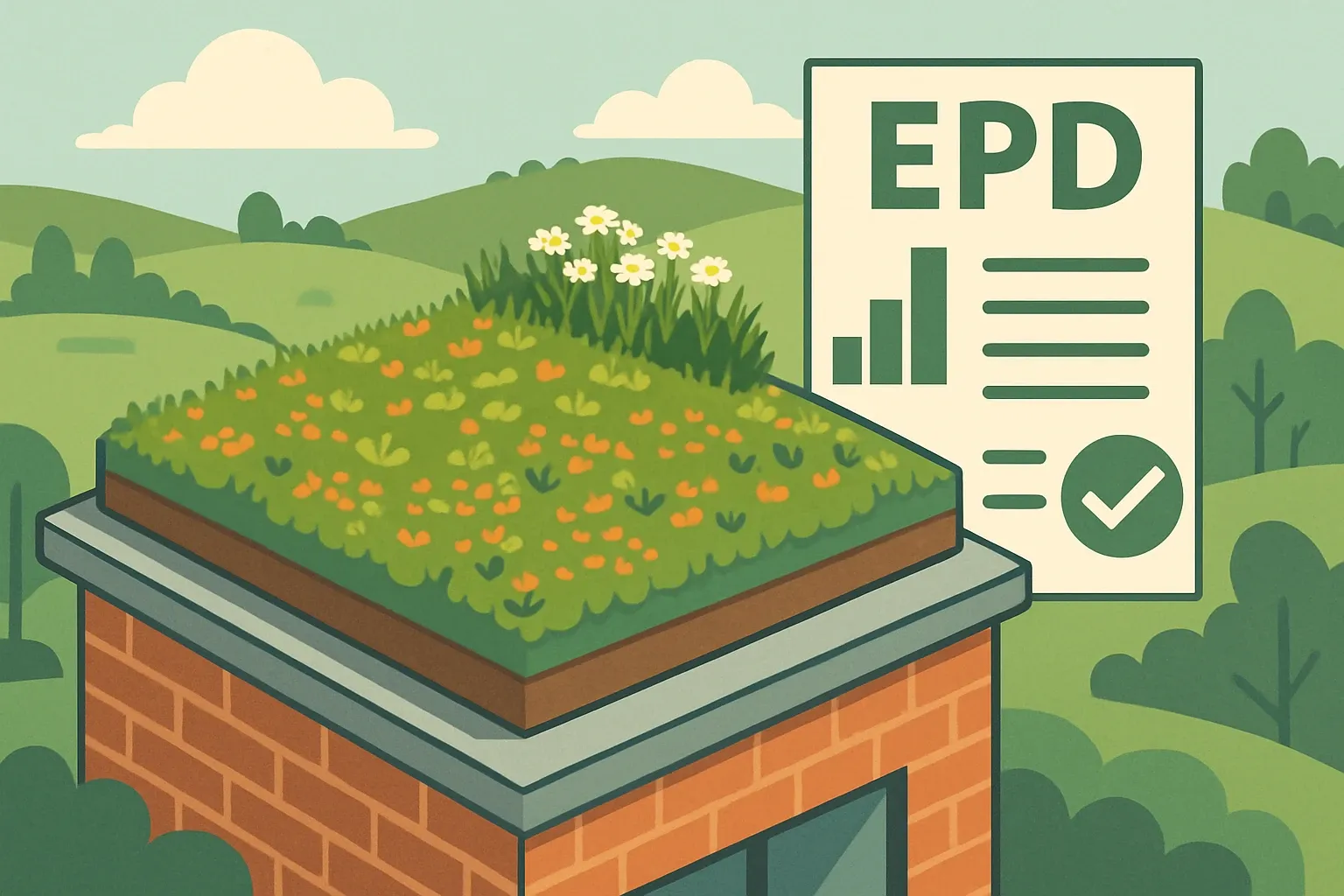 Generate an illustration for an article following this concept:

Svenska NaturTak’s first EPDs: green roofs go on record
Svenska NaturTak has published its debut Environmental Product Declaration for sedum and meadow vegetation mats. That single move puts hard numbers behind a staple of Nordic green roofs and places the brand squarely in specs where a product‑specific EPD flips a maybe into a yes.

Ensure that you use no text, as this illustration will be used on international translations of the article..

Use an illustrative style (e.g. isometic) and don't generate in a photorealistic style.