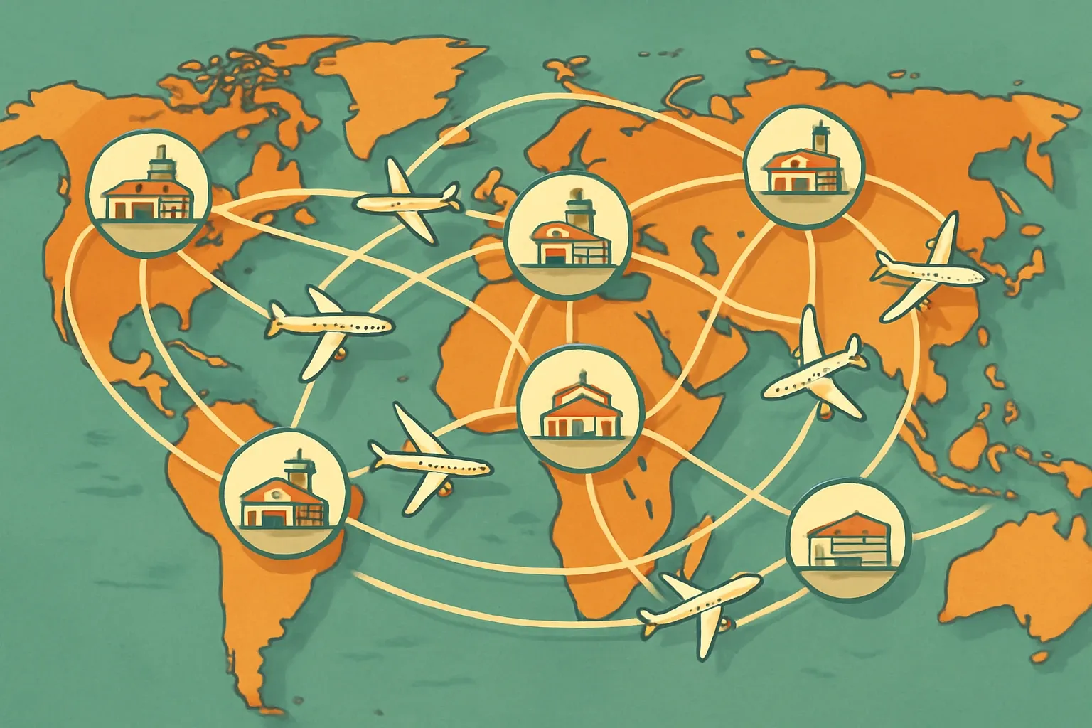 A stylized world map with airport-style nodes labeled by major EPD operators and flight paths showing typical manufacturer routes from plant locations to target markets.