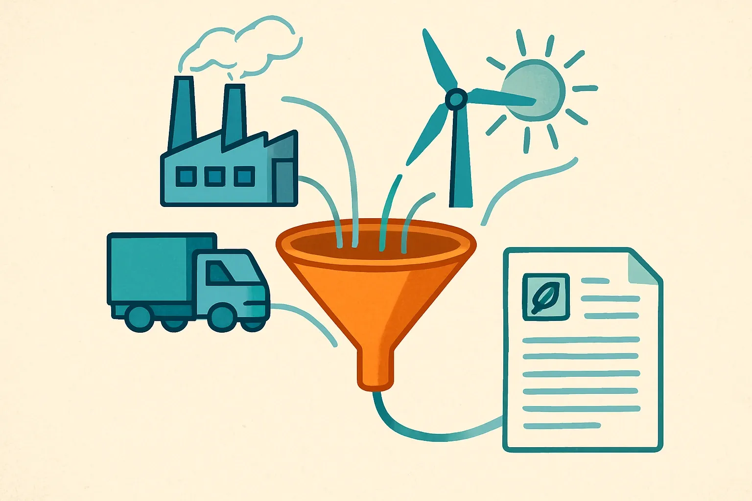Factory, transport, and energy icons feeding into a funnel that outputs a clean EPD document, symbolizing streamlined data collection.