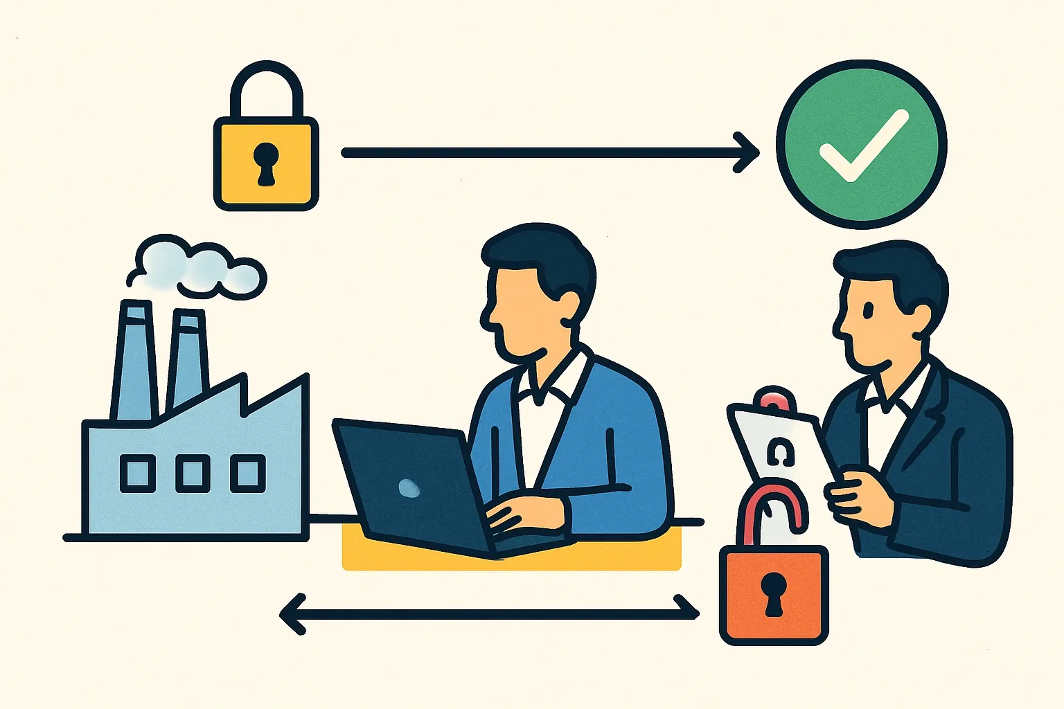 A simple factory-to-consultant-to-verifier pipeline with locks illustrating where data is protected and where it is published.