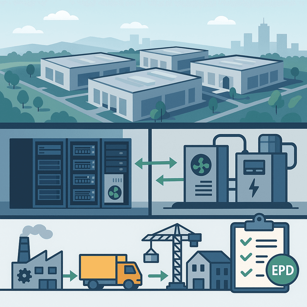 Illustration of a hyperscale data center showing several connected buildings, server racks, and cooling systems, with subtle icons of trucks, cranes, and factories to represent the materials supply chain. The design uses cool blues and greys with green accents to suggest technology and sustainability, and includes minimal or no text for easy translation.